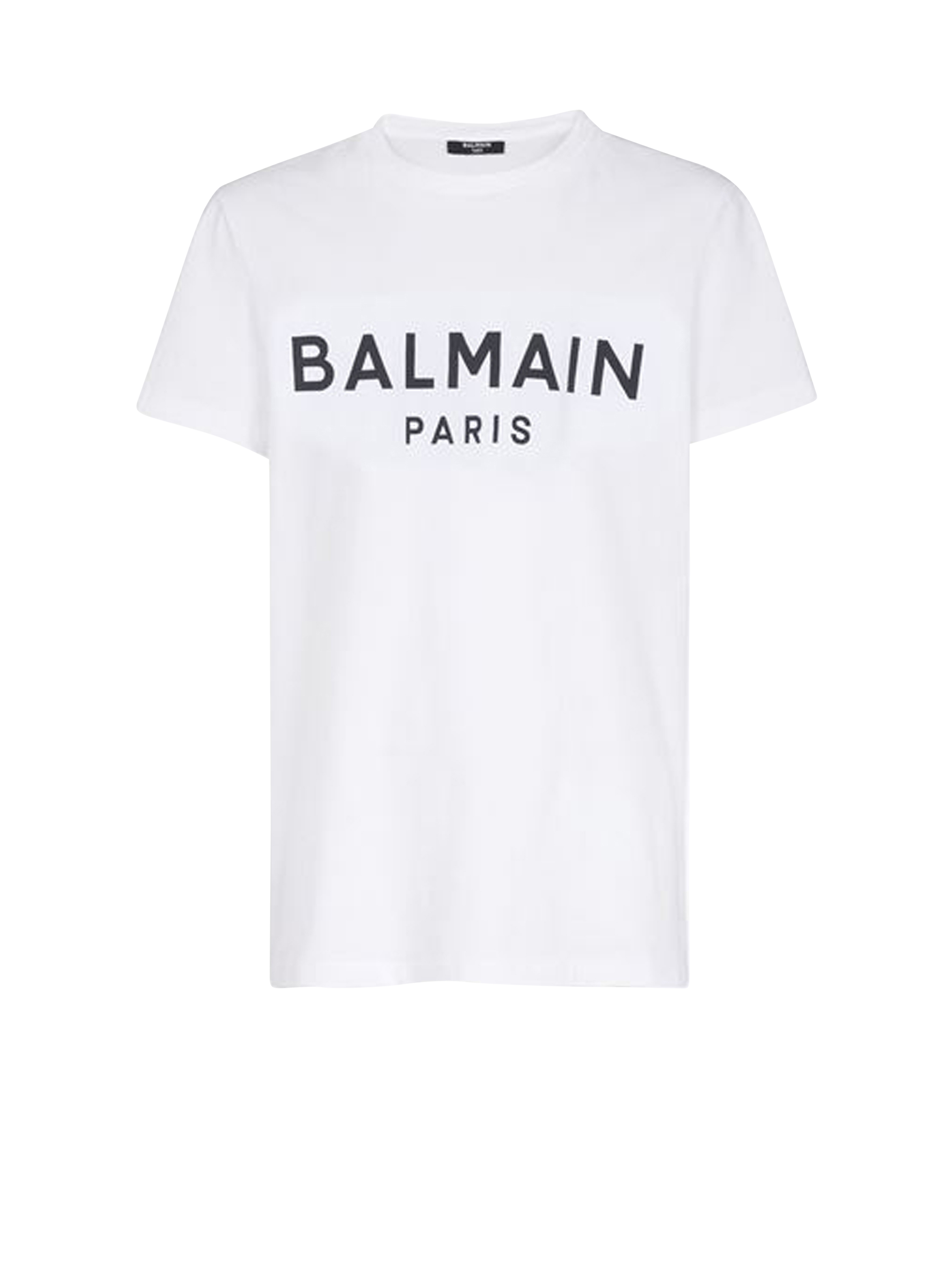 Camiseta de algodón de diseño ecológico con logotipo de Balmain flocado, blanco