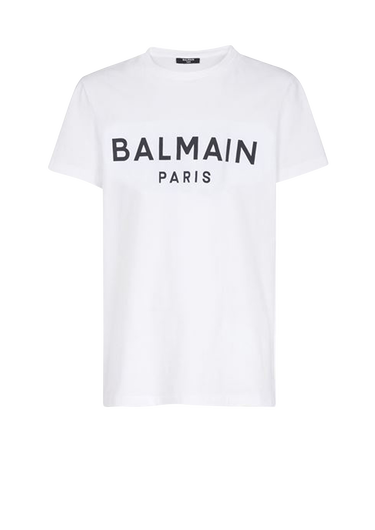 Camiseta de algodón de diseño ecológico con logotipo de Balmain flocado