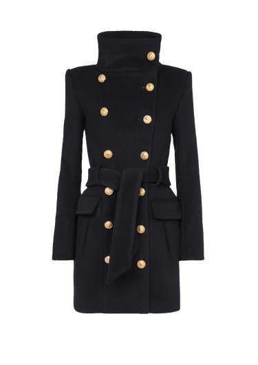 Abrigo largo de lana con cierre de doble botonadura en tono dorado