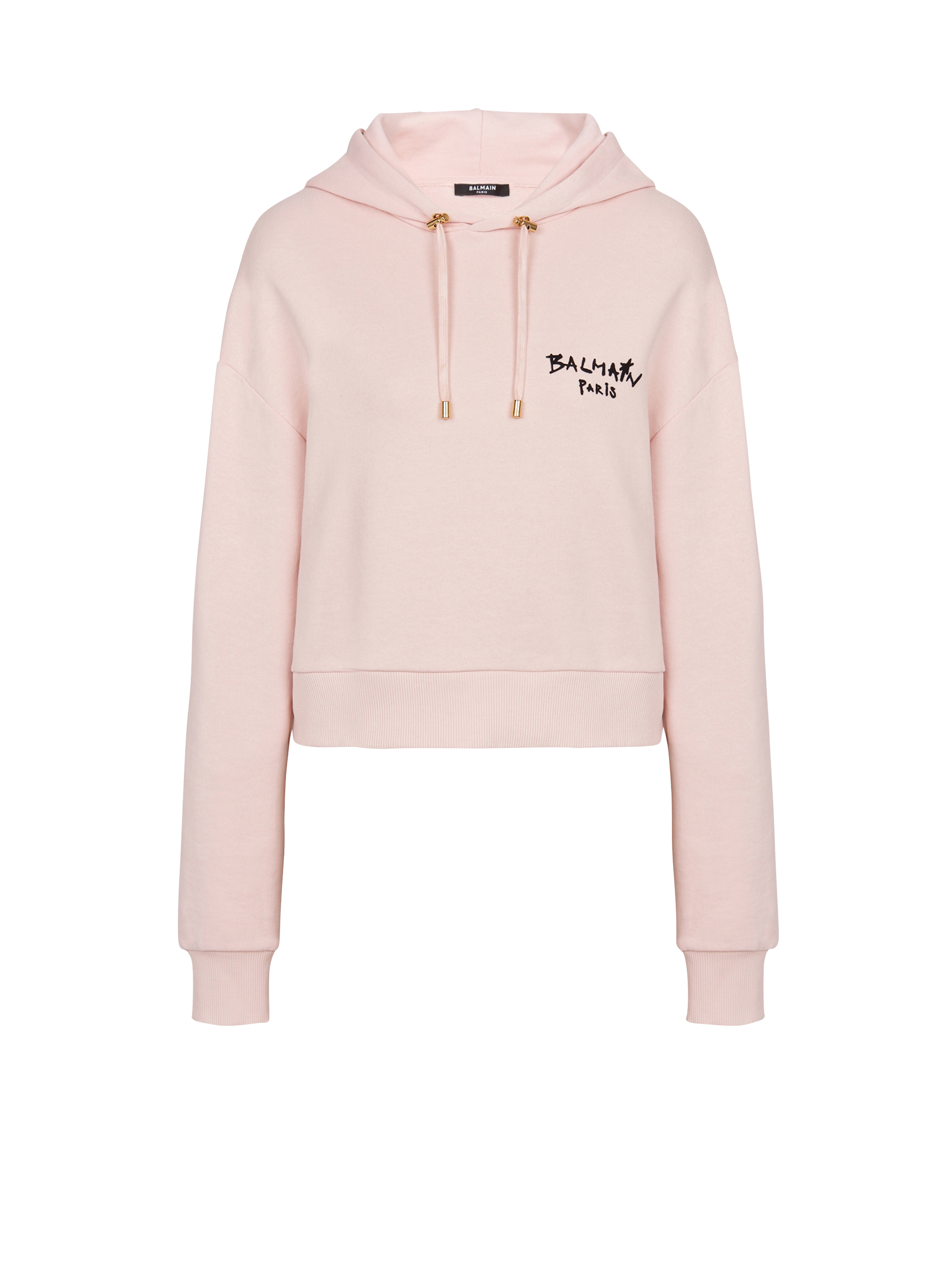 Cropped eco-design cotton sweatshirt with flocked graffiti Balmain logo, pink