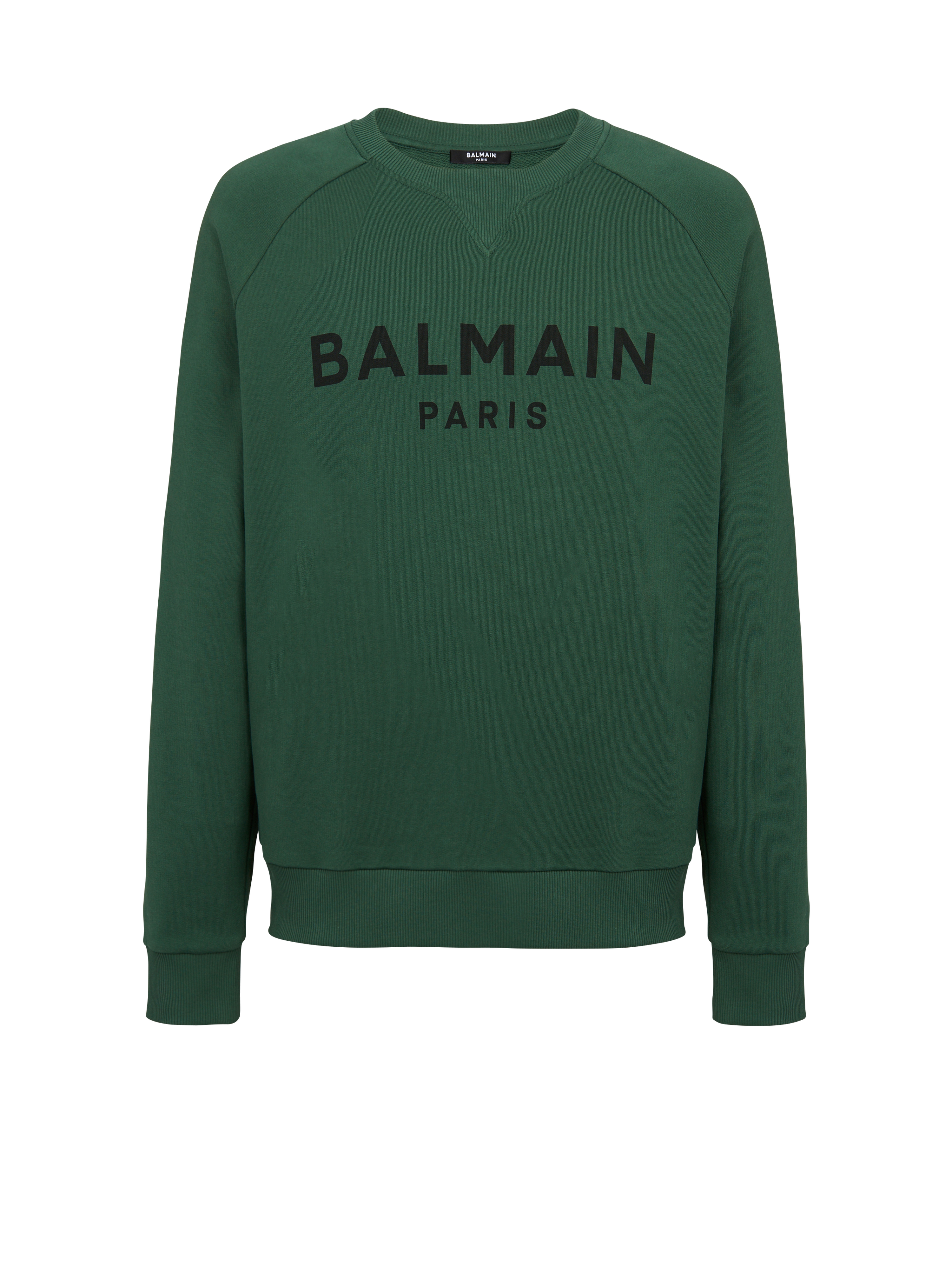 Eco-designed cotton sweatshirt with Balmain Paris logo print, green