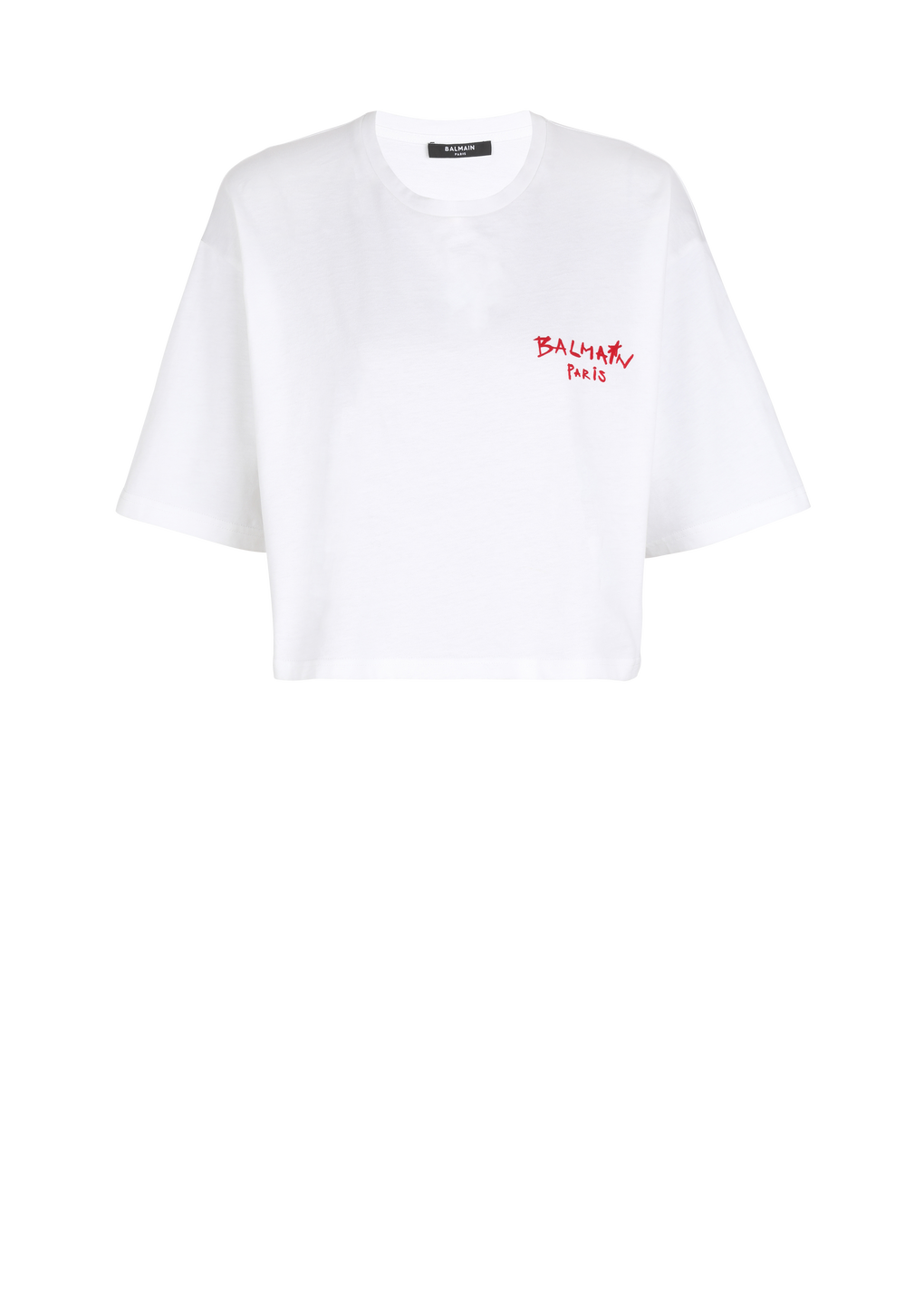 Cropped cotton T-shirt with small flocked graffiti Balmain logo, white, hi-res