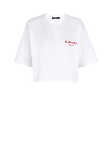 Camiseta corta de algodón con logotipo pequeño grafiti de Balmain flocado