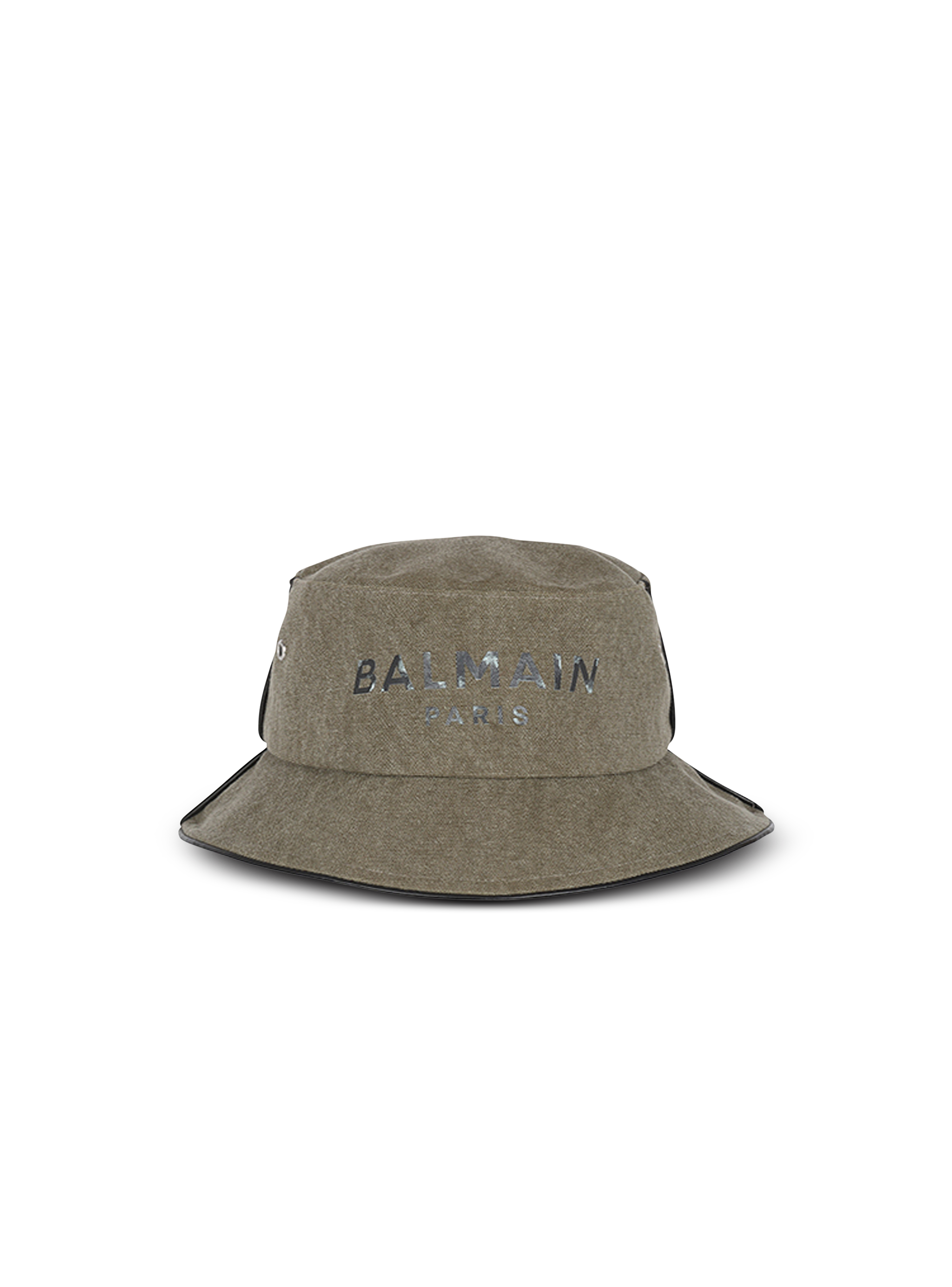Cotton canvas bucket hat with Balmain Paris logo, caqui