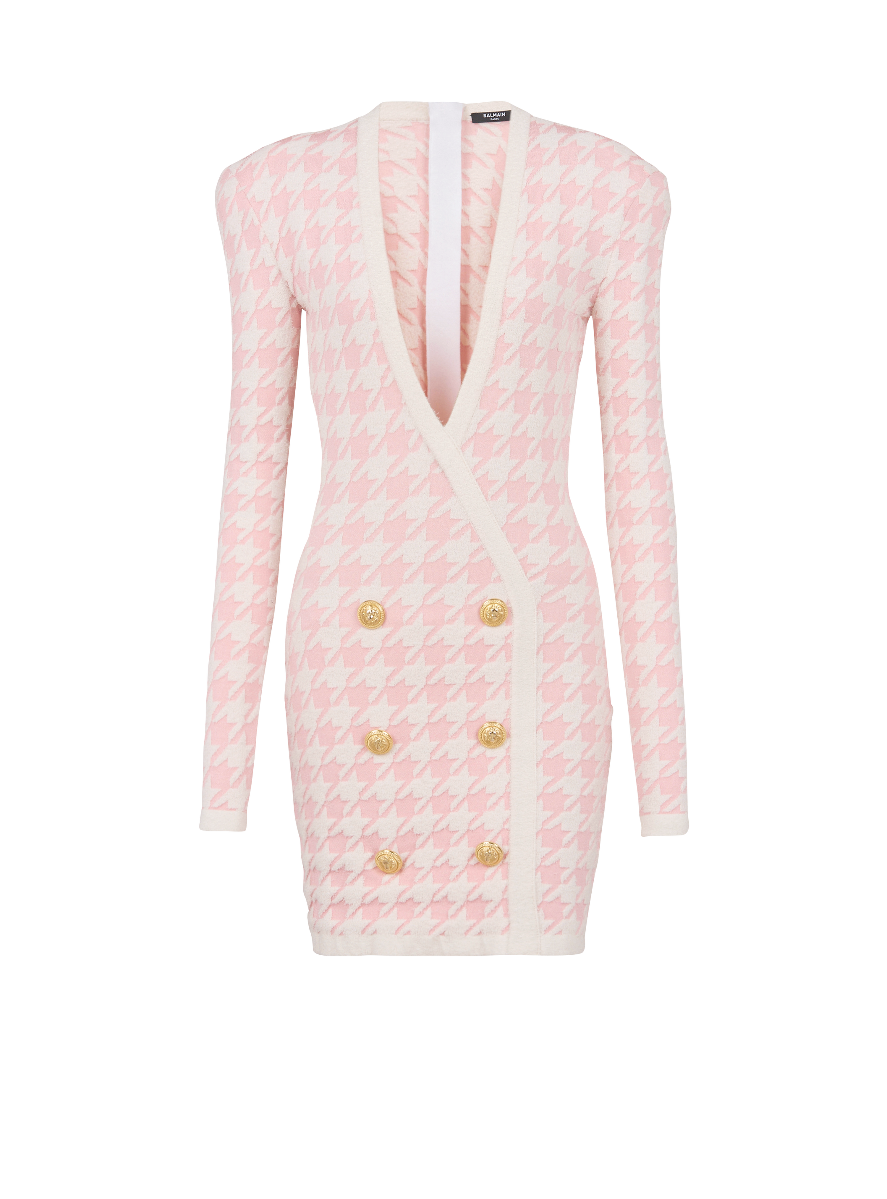 Short tweed dress with gold-tone buttons, pink