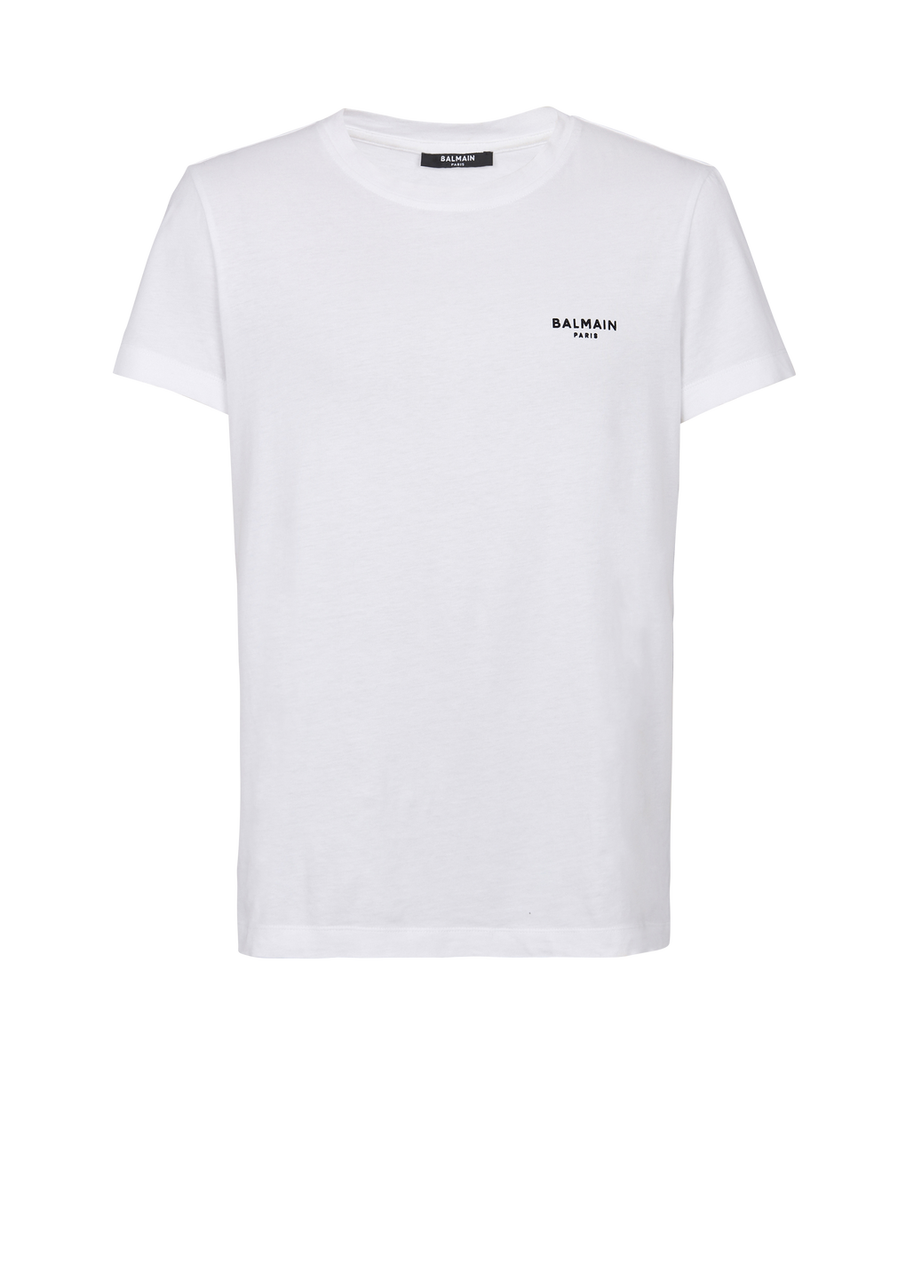 Camiseta de algodón de diseño ecológico con un pequeño logotipo de Balmain Paris flocado, blanco, hi-res