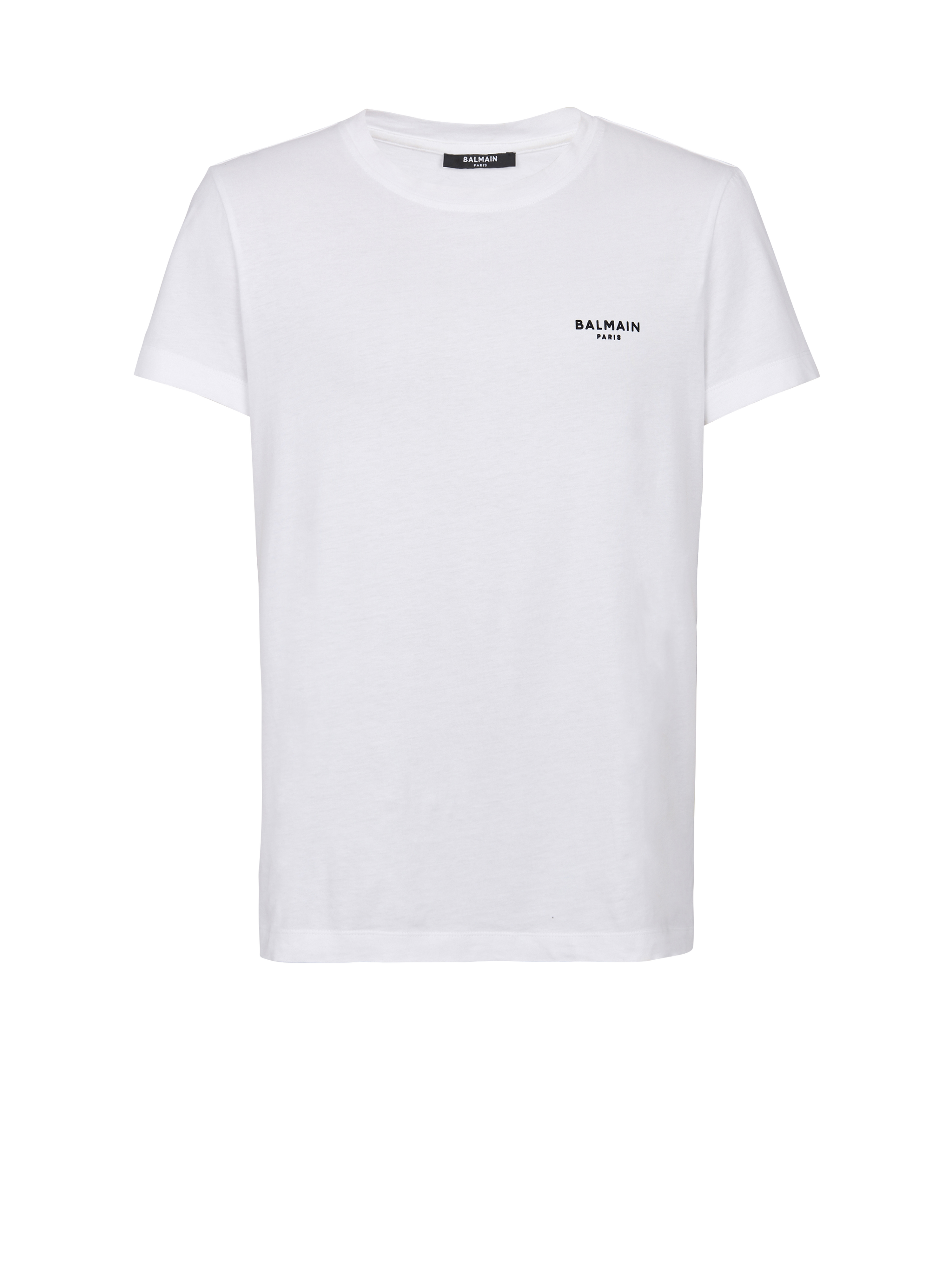 Camiseta de algodón de diseño ecológico con un pequeño logotipo de Balmain Paris flocado, blanco