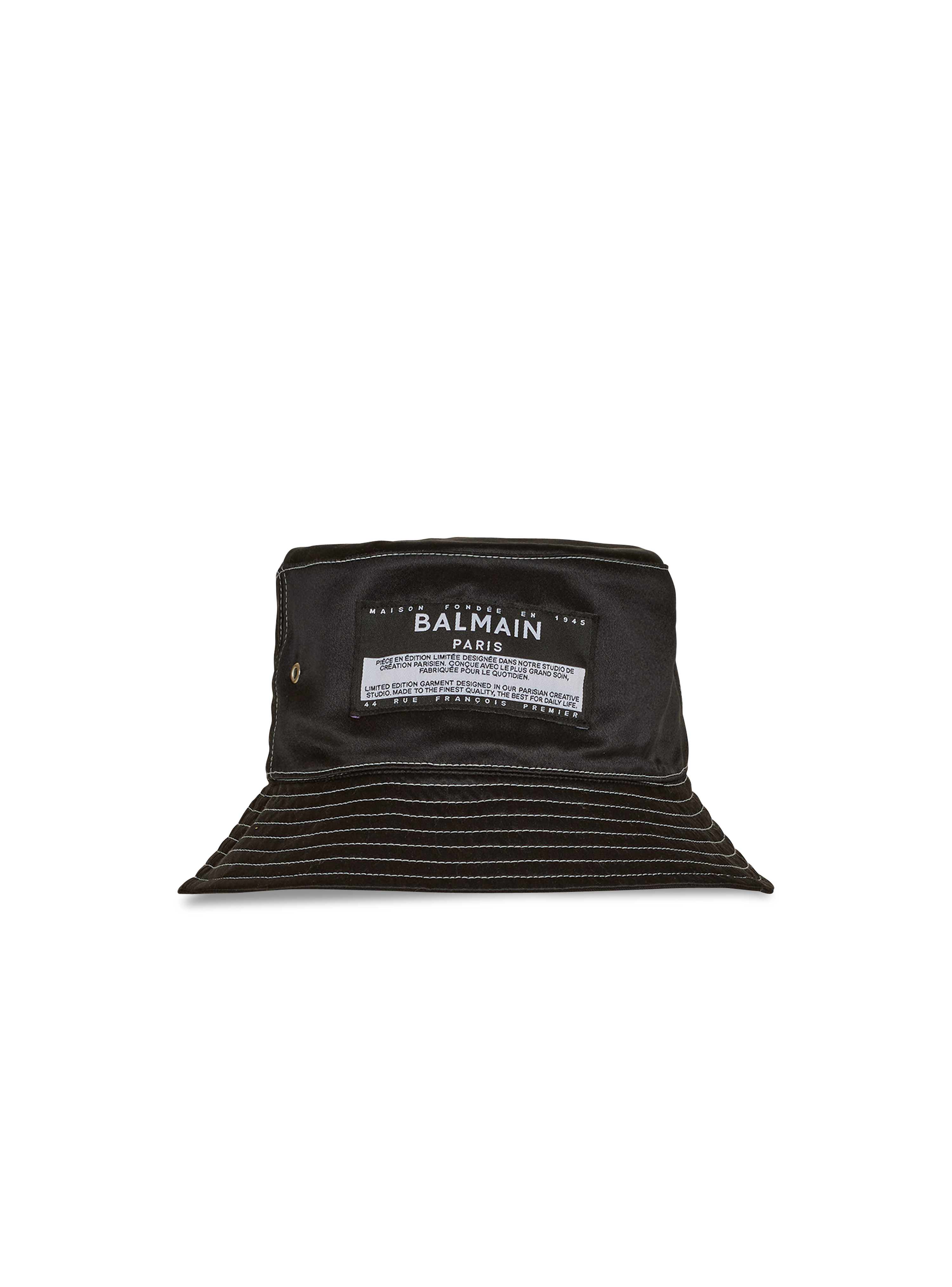 Sombrero de pescador de satén con logotipo de Balmain, negro