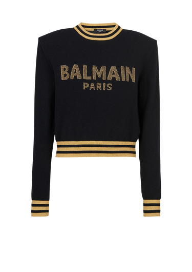 Sudadera corta de lana con el logotipo de Balmain en dorado