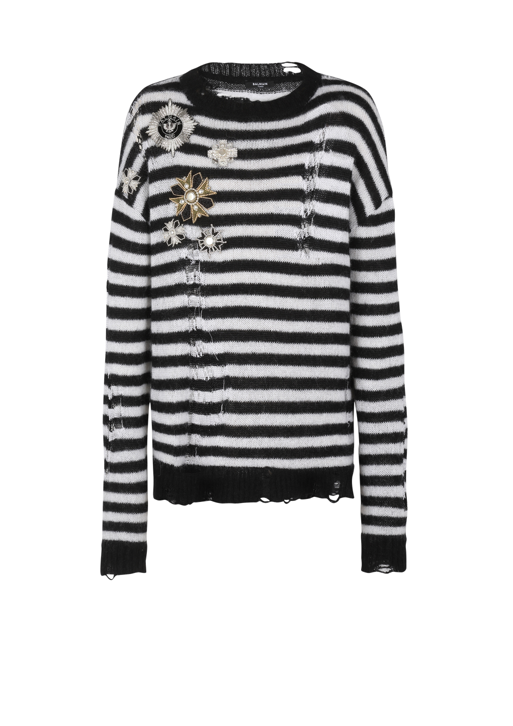 Unisex - Ripped knit nautical sweater with brooches, black, hi-res
