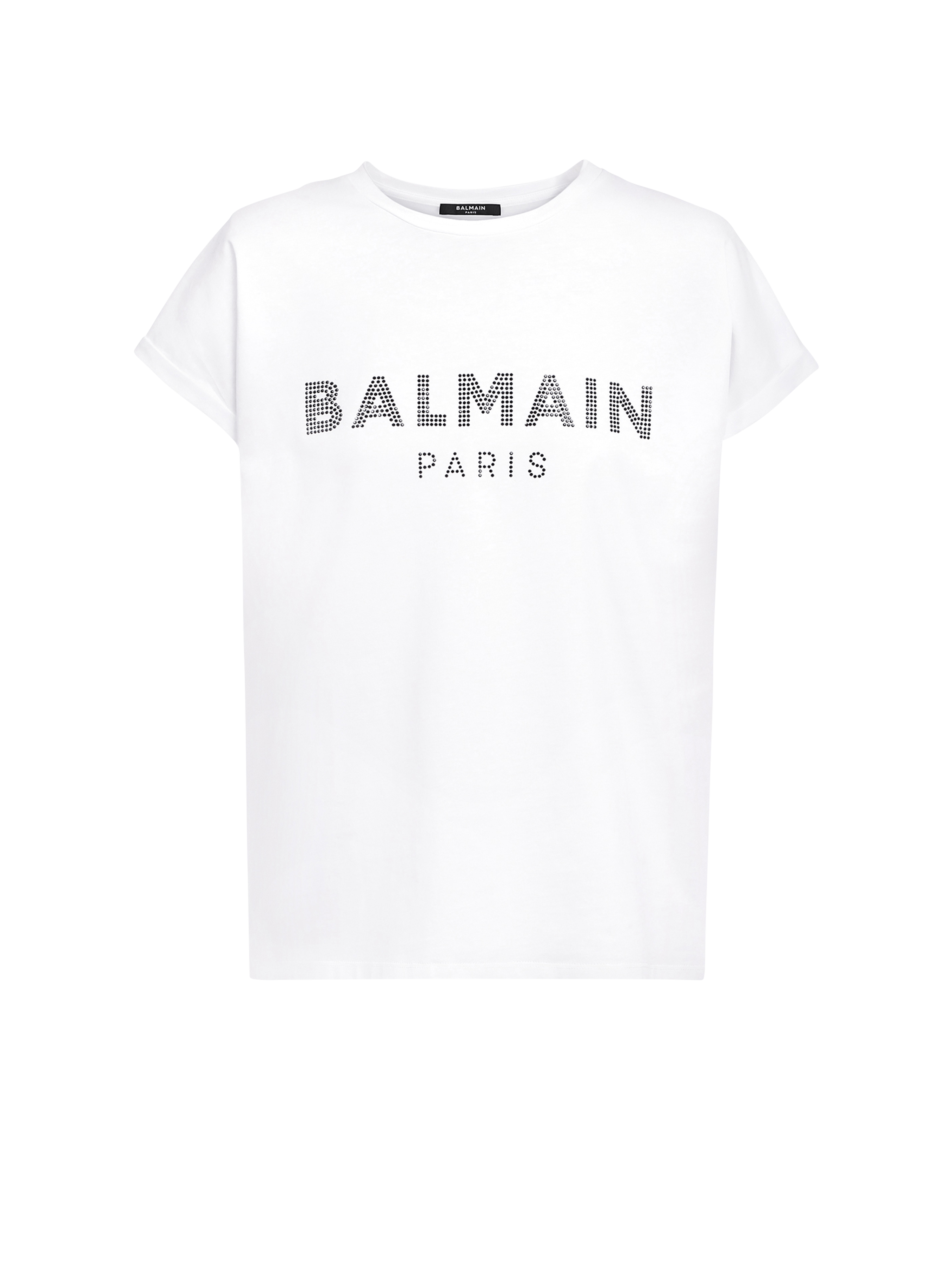 Camiseta de algodón con logotipo de Balmain de strass, blanco