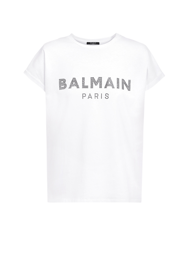 Camiseta de algodón con logotipo de Balmain de strass