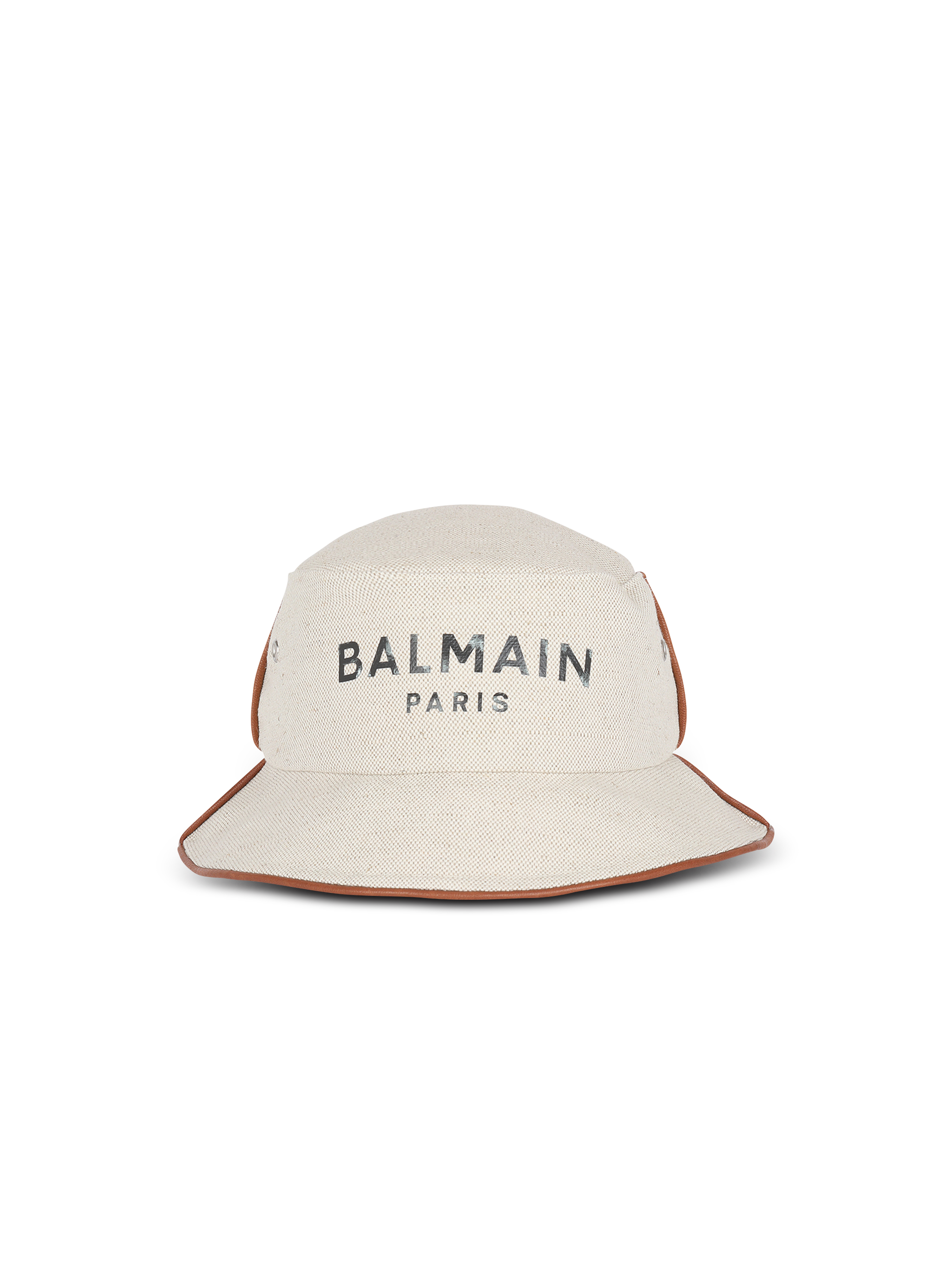 Sombrero de pescador B-Army de piel y algodón con logotipo de Balmain marrón, blanco
