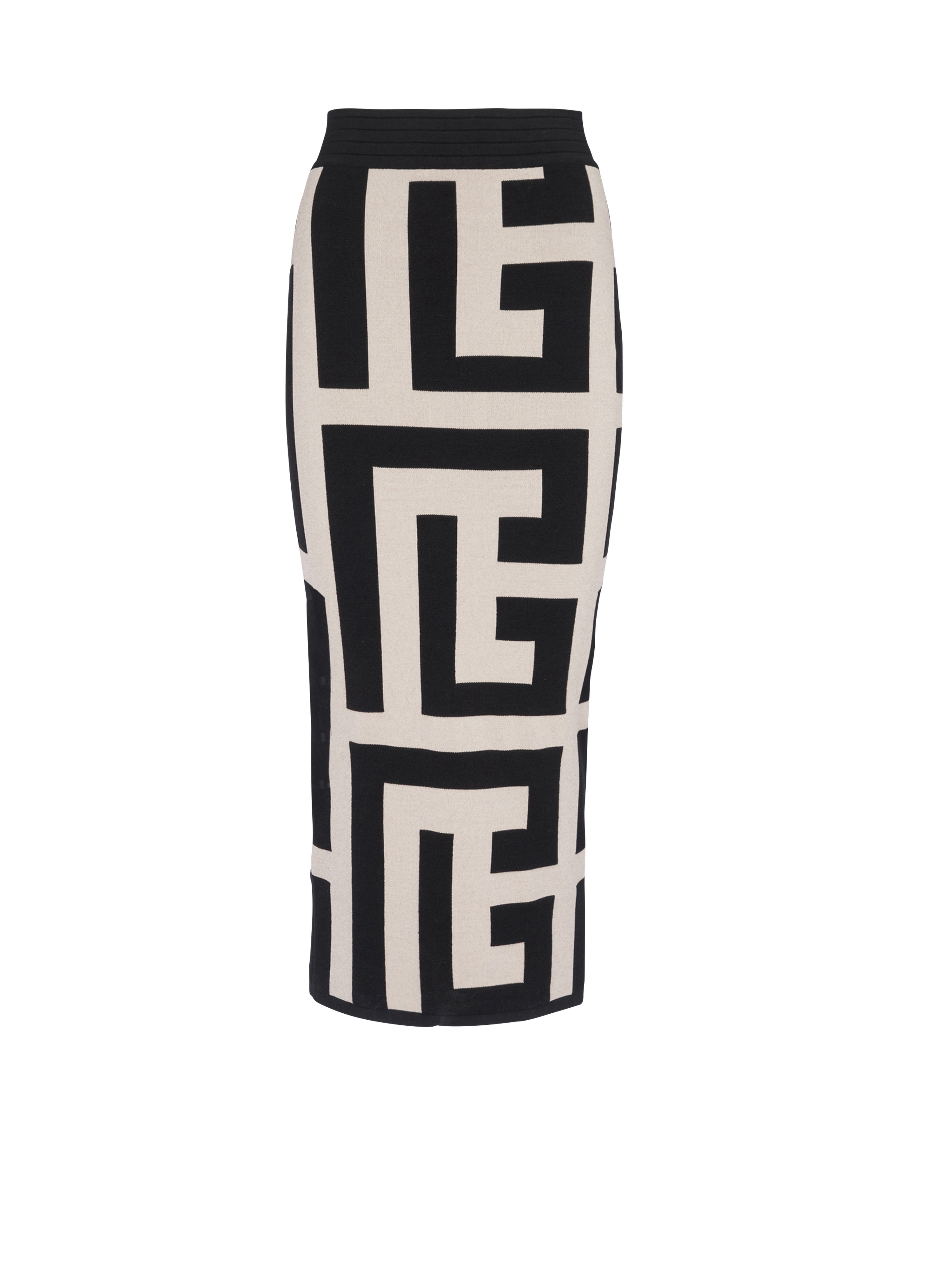 Falda midi de punto con estampado maxi del monograma de Balmain, negro