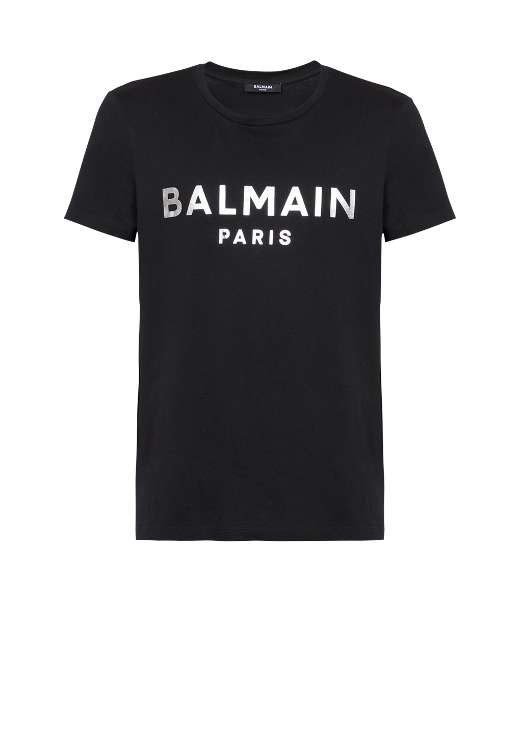 Camiseta de algodón con estampado del logotipo Balmain Paris, plata, hi-res