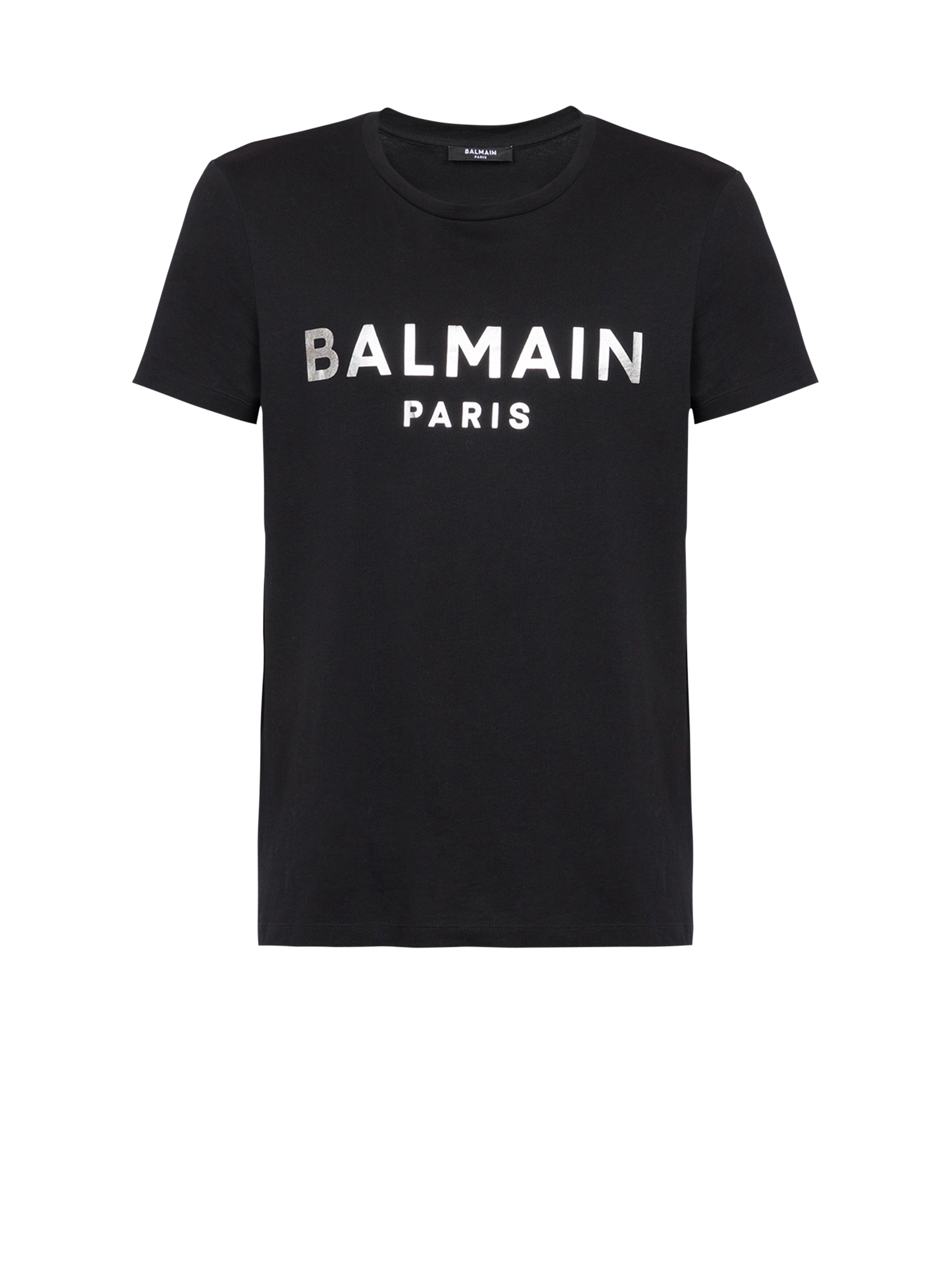 Camiseta de algodón con estampado del logotipo Balmain Paris, plata