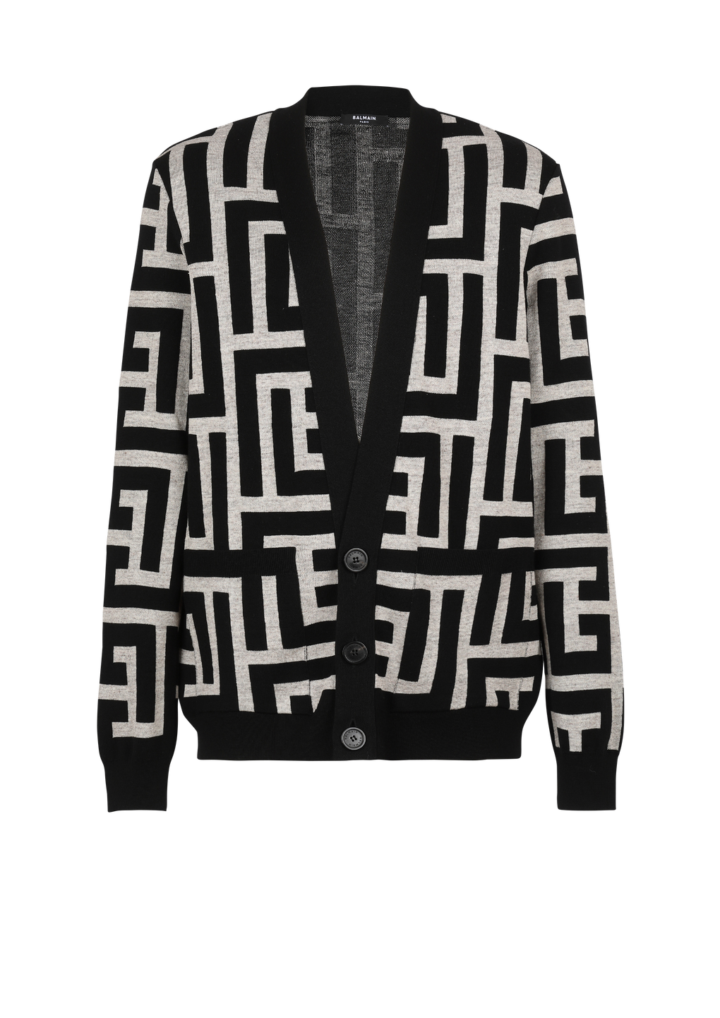 Oversized wool cardigan with maxi Balmain monogram, black, hi-res