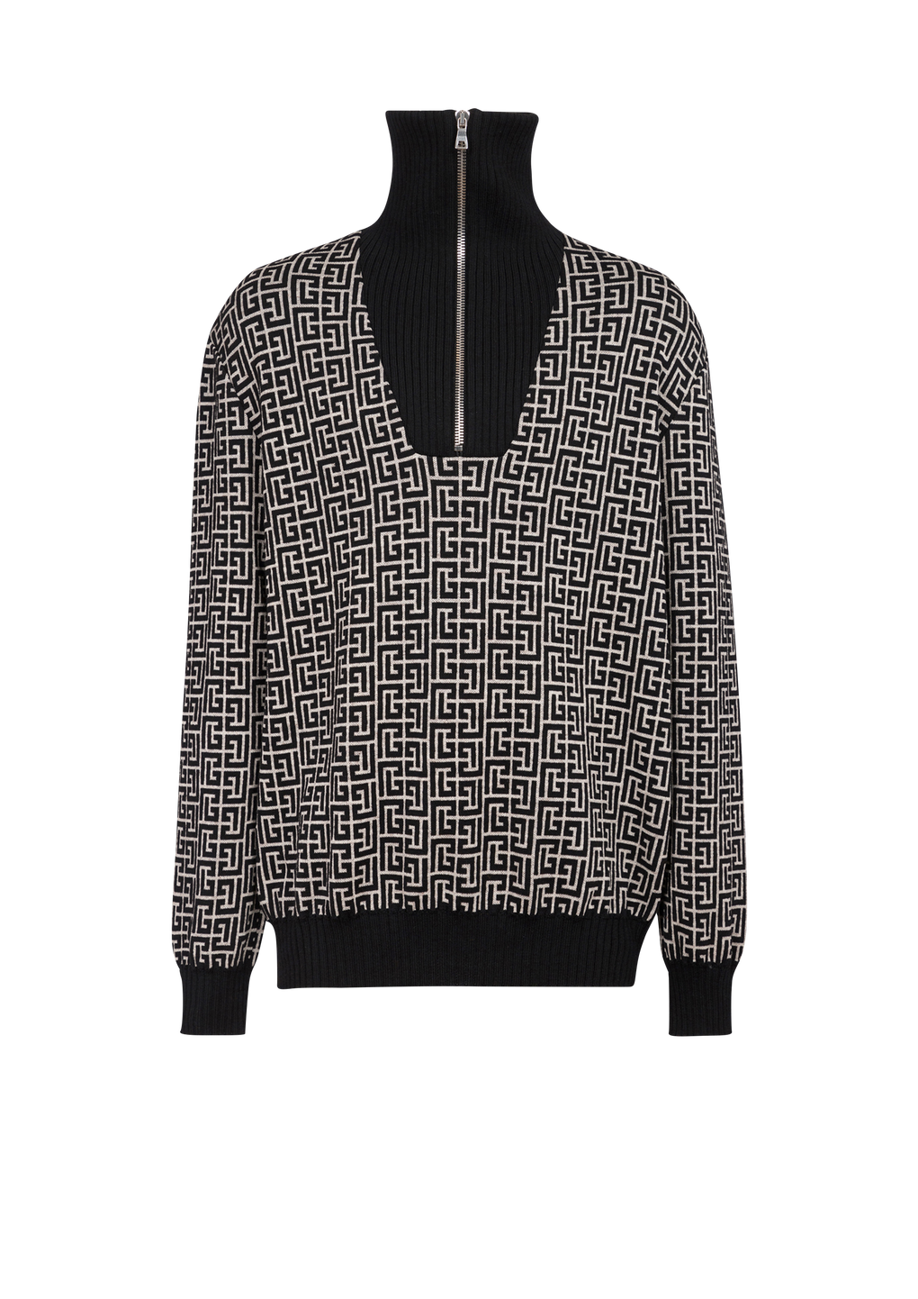 Jersey de cuello alto de lana con monograma de Balmain, negro, hi-res