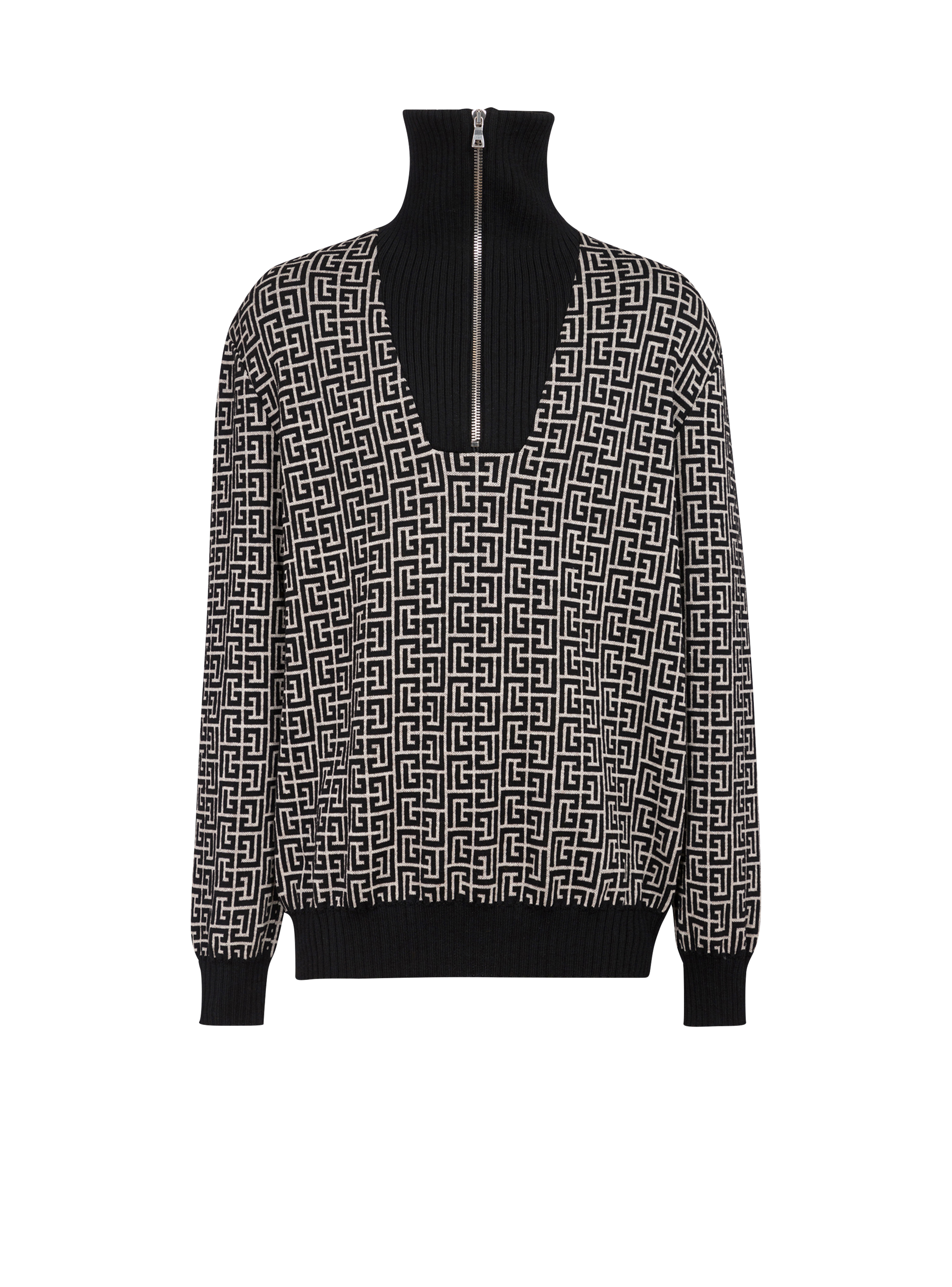 Jersey de cuello alto de lana con monograma de Balmain, negro