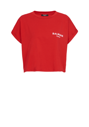Camiseta corta de algodón con logotipo pequeño de Balmain flocado