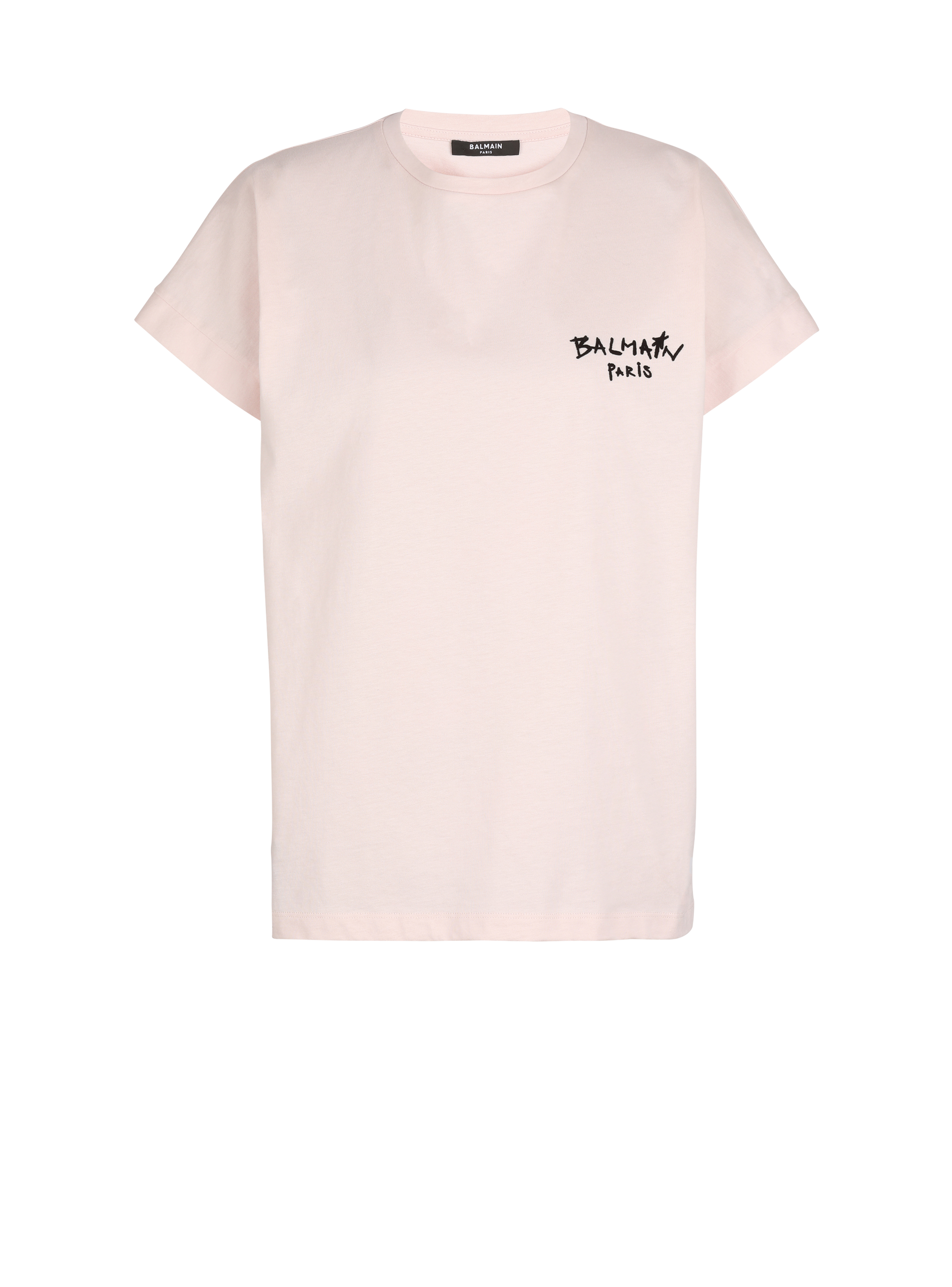 Camiseta de algodón con logotipo pequeño grafiti de Balmain flocado, rose