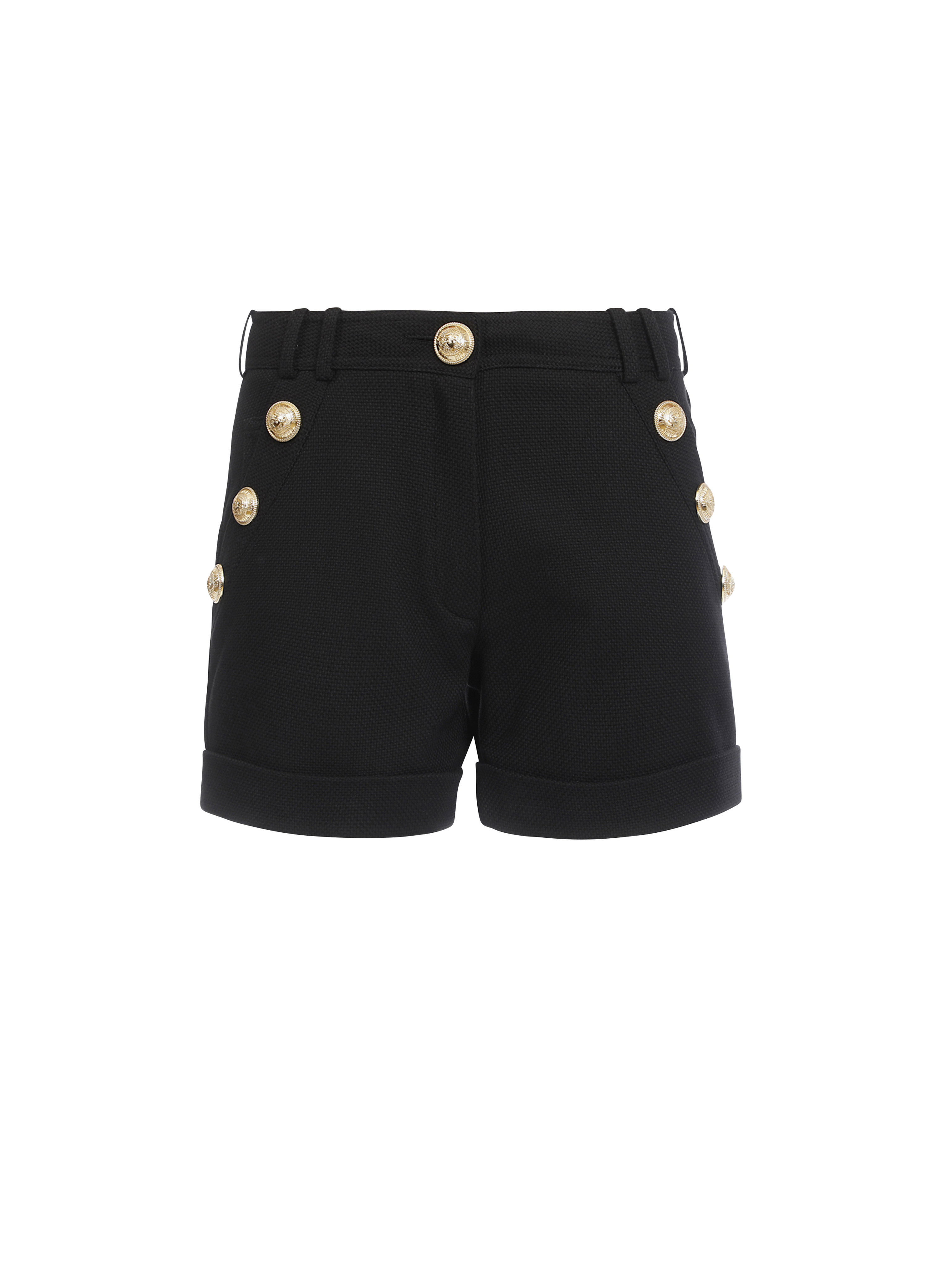Pantalones cortos de algodón de talle bajo con botones dorados, negro