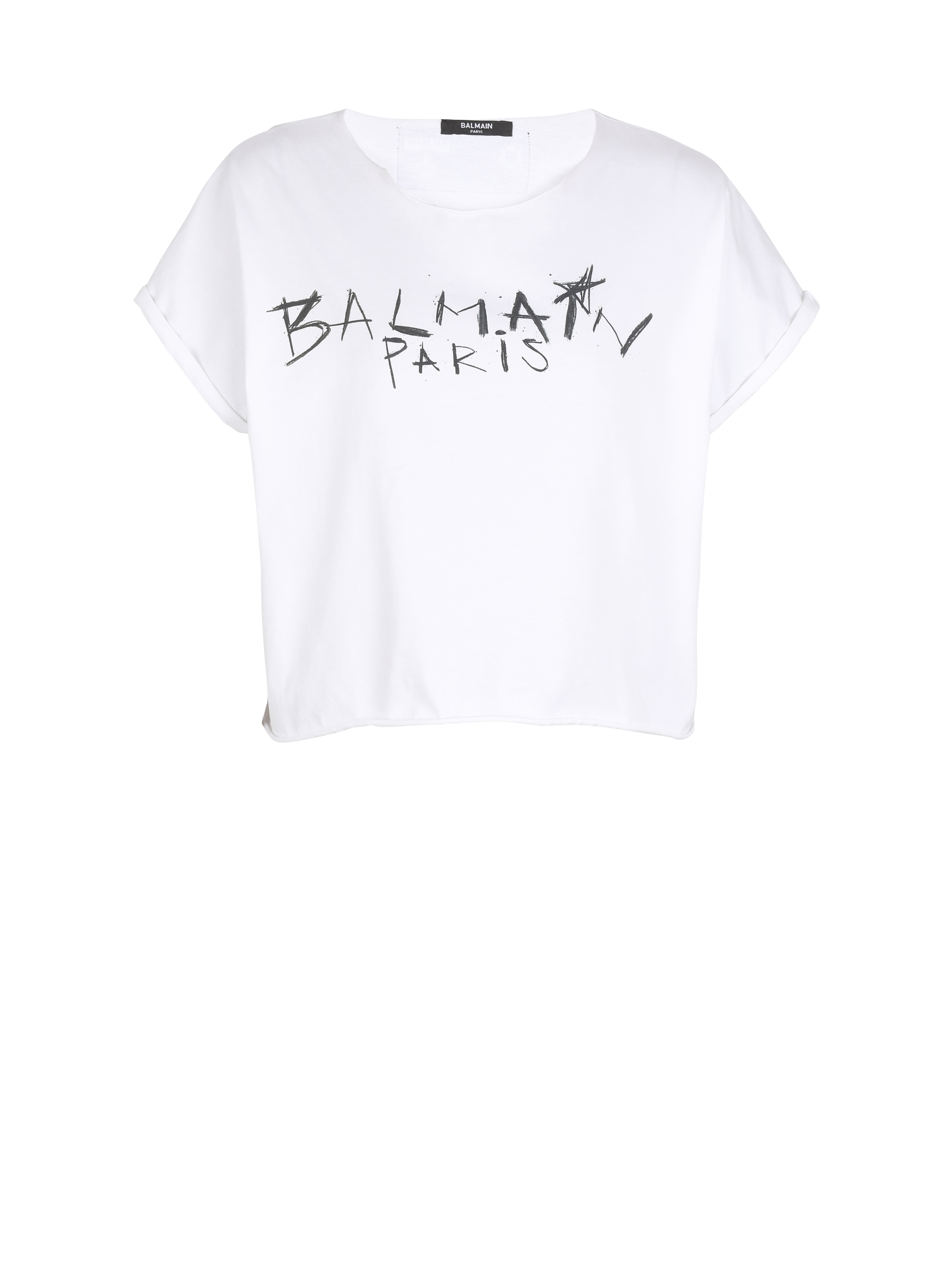 Camiseta corta de algodón con estampado grafiti de Balmain, blanco