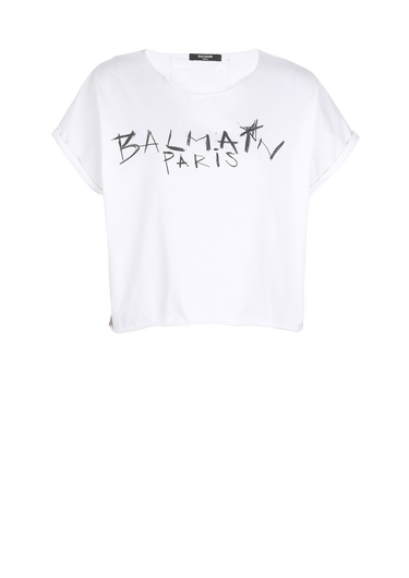 Camiseta corta de algodón con estampado grafiti de Balmain