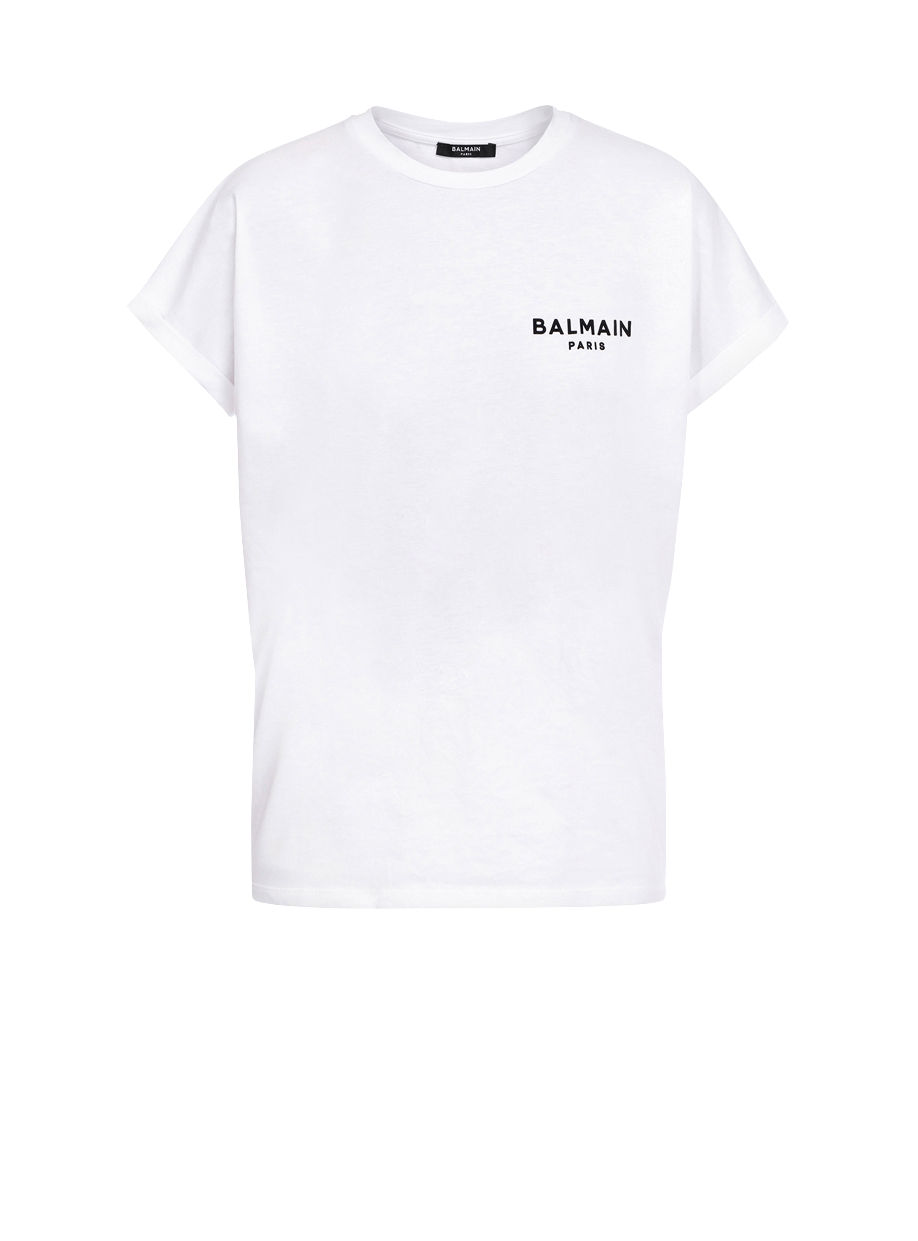 Camiseta de algodón de diseño ecológico con pequeño logotipo de Balmain flocado, blanco