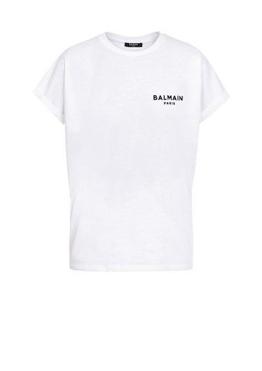 Camiseta de algodón de diseño ecológico con pequeño logotipo de Balmain flocado