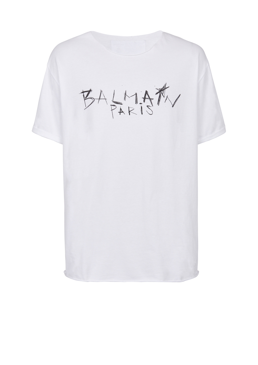 Camiseta de algodón con estampado grafiti del logotipo Balmain Paris, blanco, hi-res