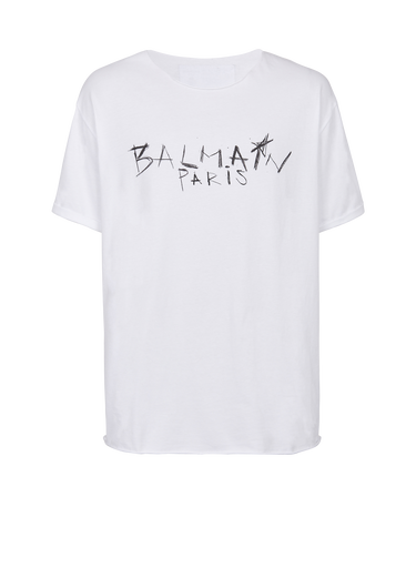 Camiseta de algodón con estampado grafiti del logotipo Balmain Paris