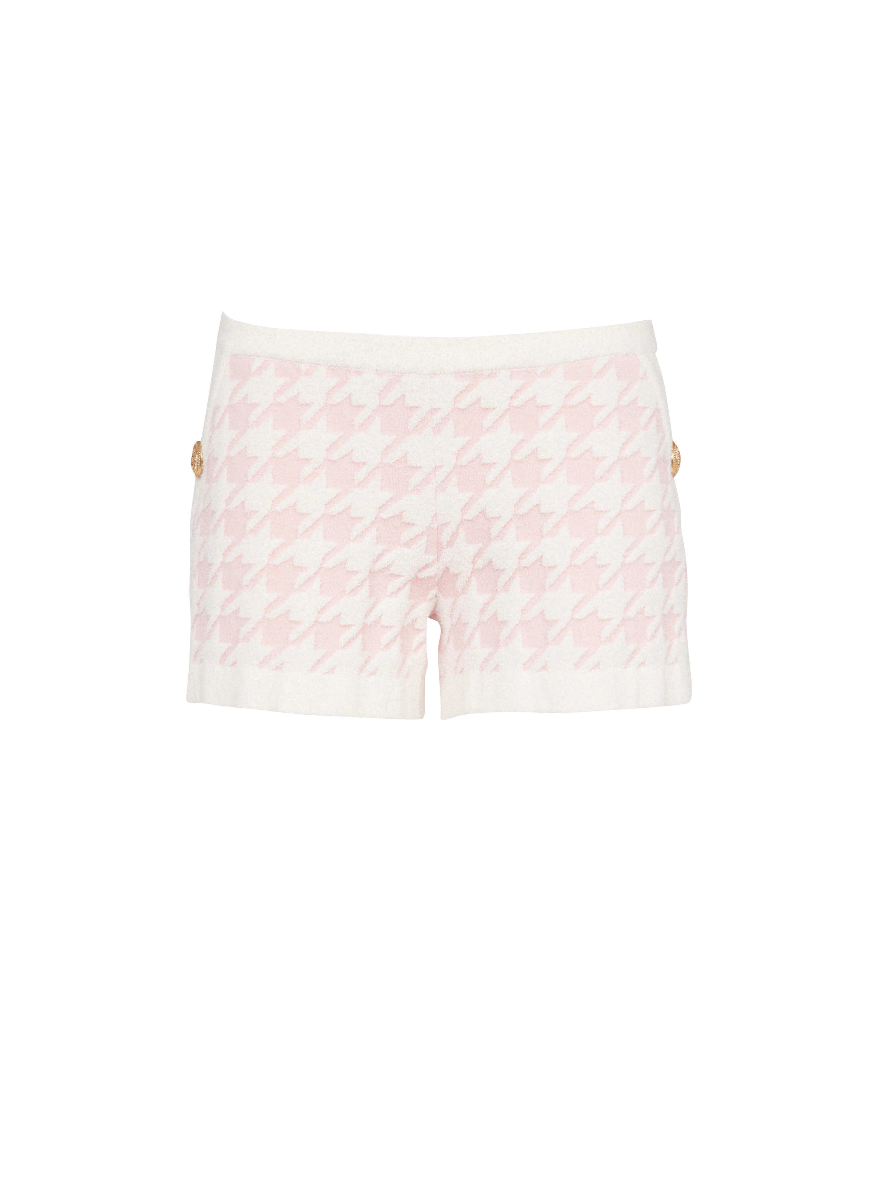 Houndstooth print high-waisted tweed shorts, pink