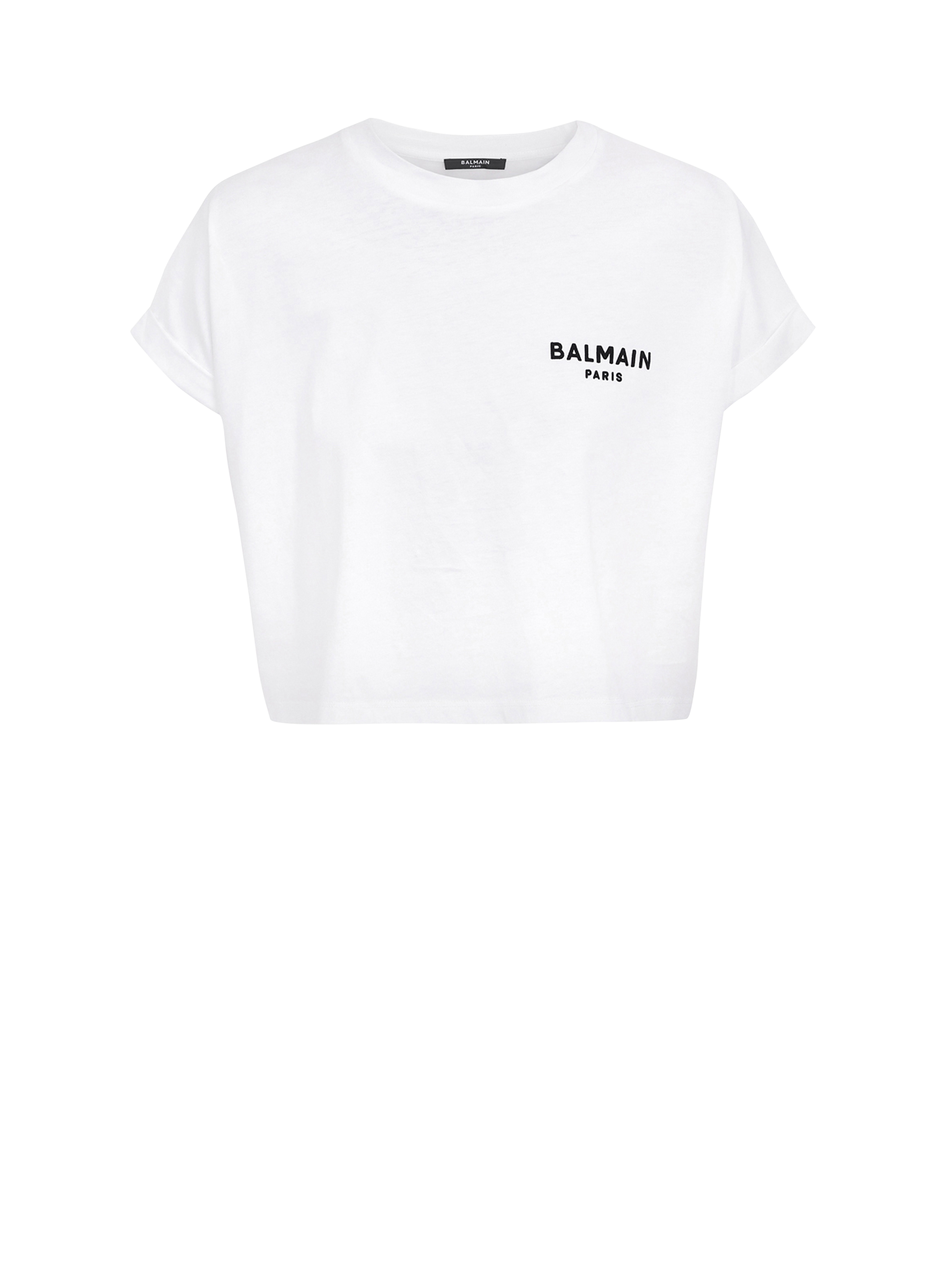 Camiseta corta de algodón con logotipo pequeño de Balmain flocado, blanco