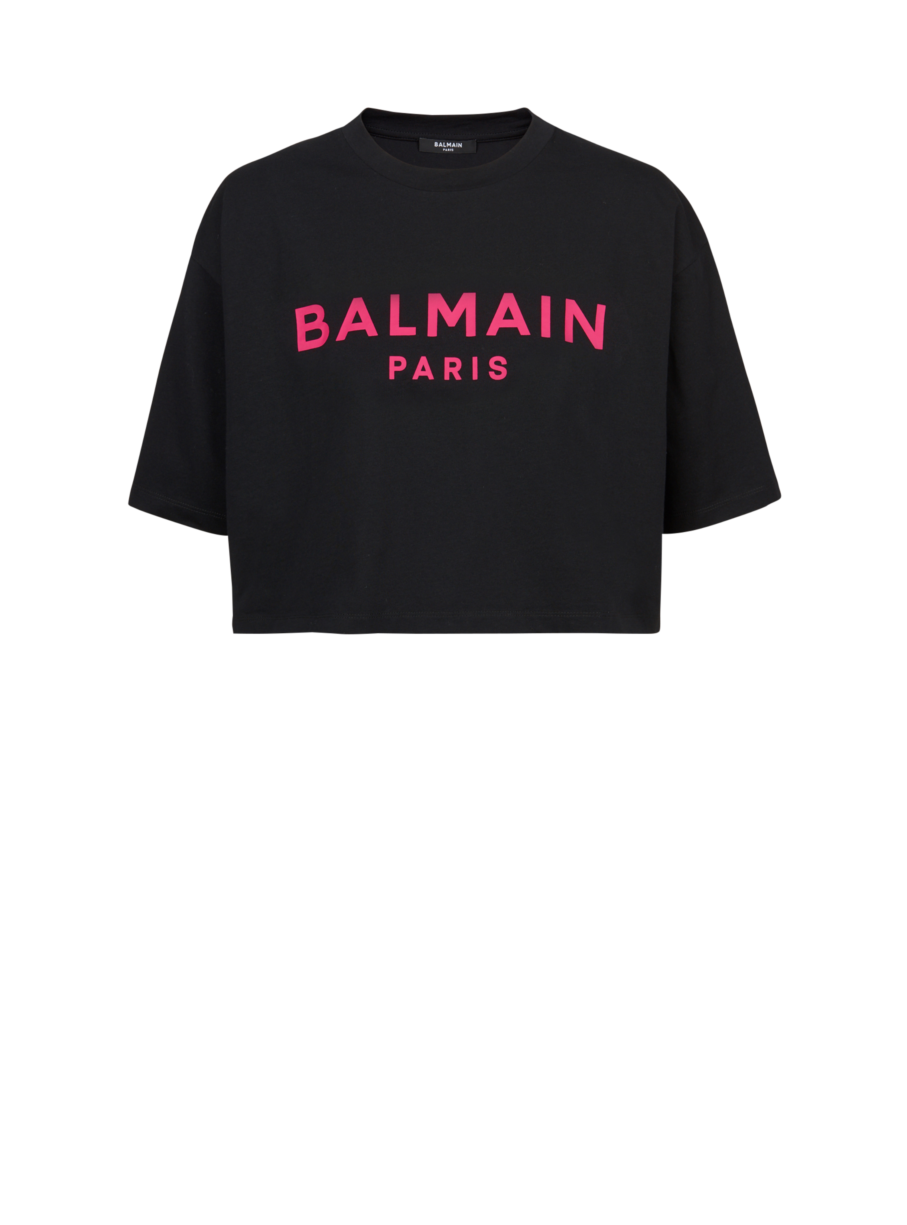 Camiseta cropped de algodón con logotipo de Balmain estampado, rose