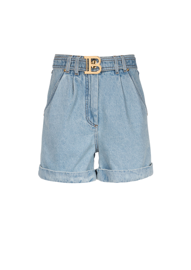 Eco-designed denim high-waisted shorts with Balmain buckle