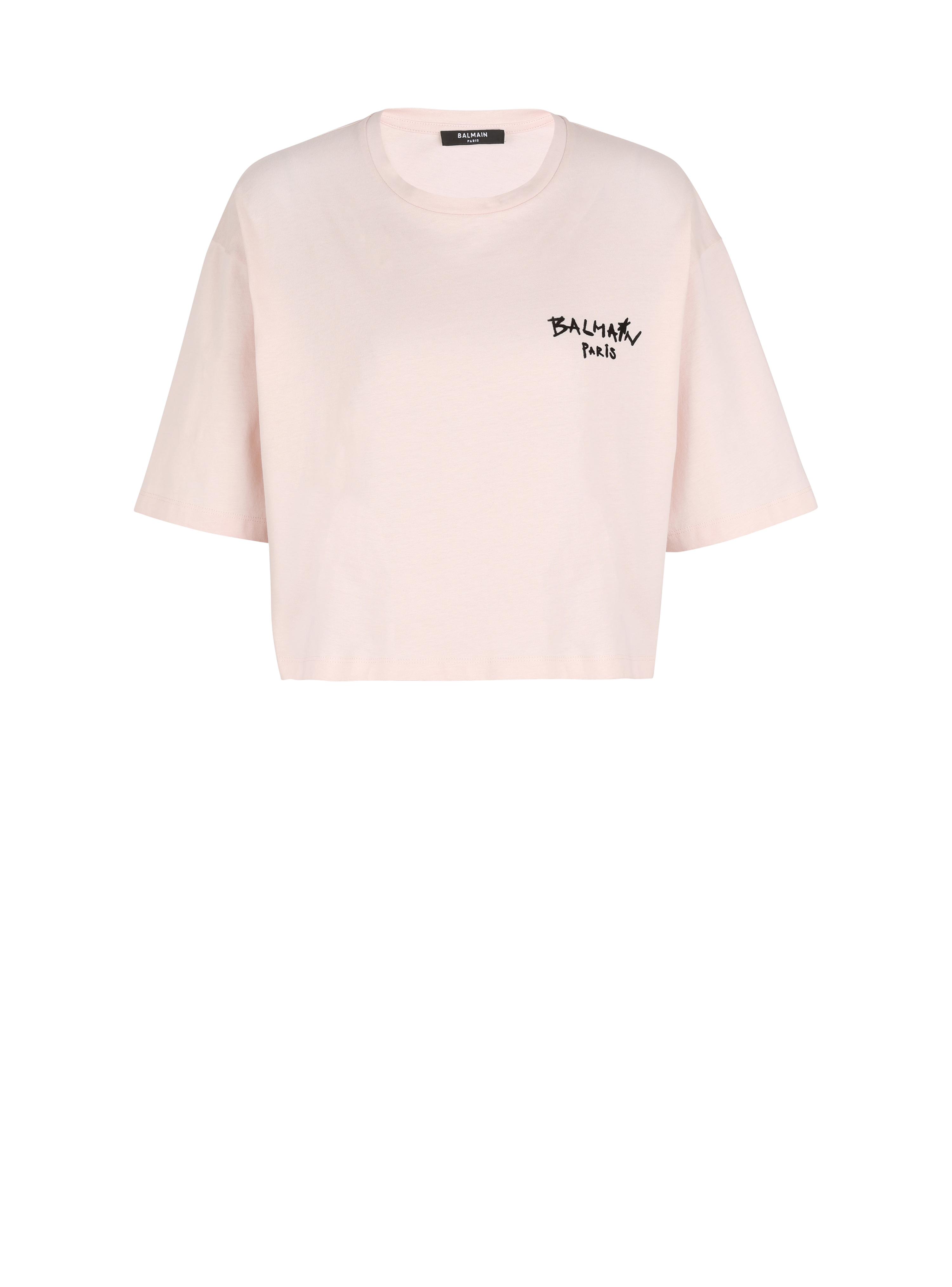 Camiseta corta de algodón con logotipo pequeño grafiti de Balmain flocado, rose