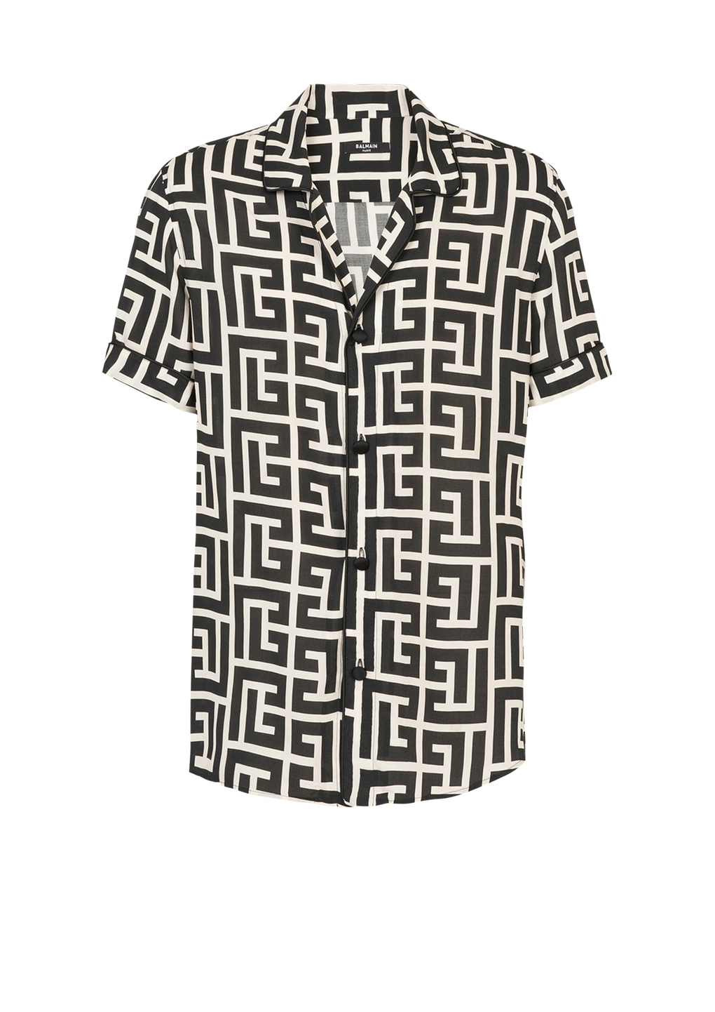 Camisa maxi con estampado del monograma Balmain en marfil y negro de diseño ecológico, negro, hi-res