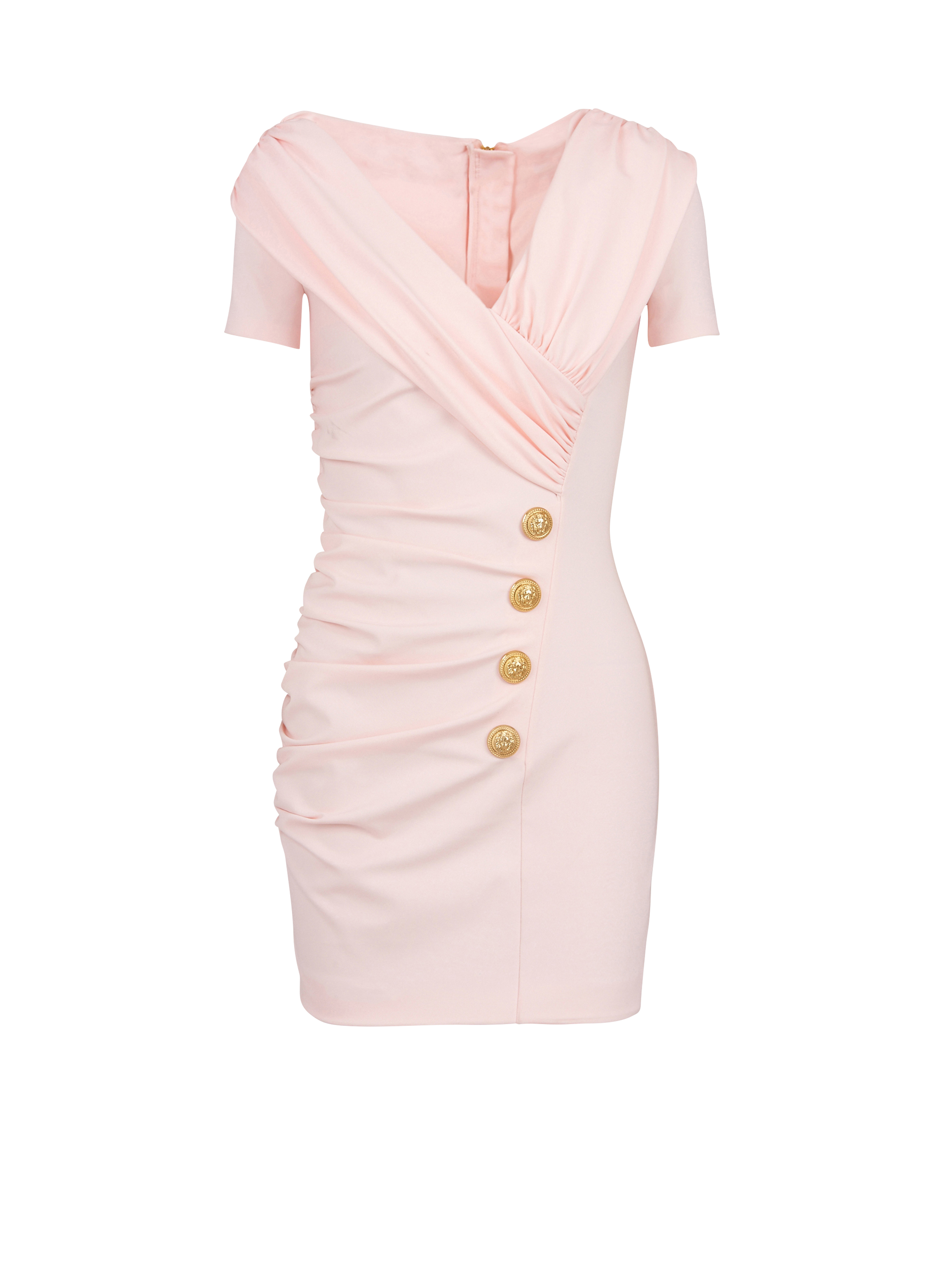 Vestido corto de punto drapeado con escote Bardot, rose