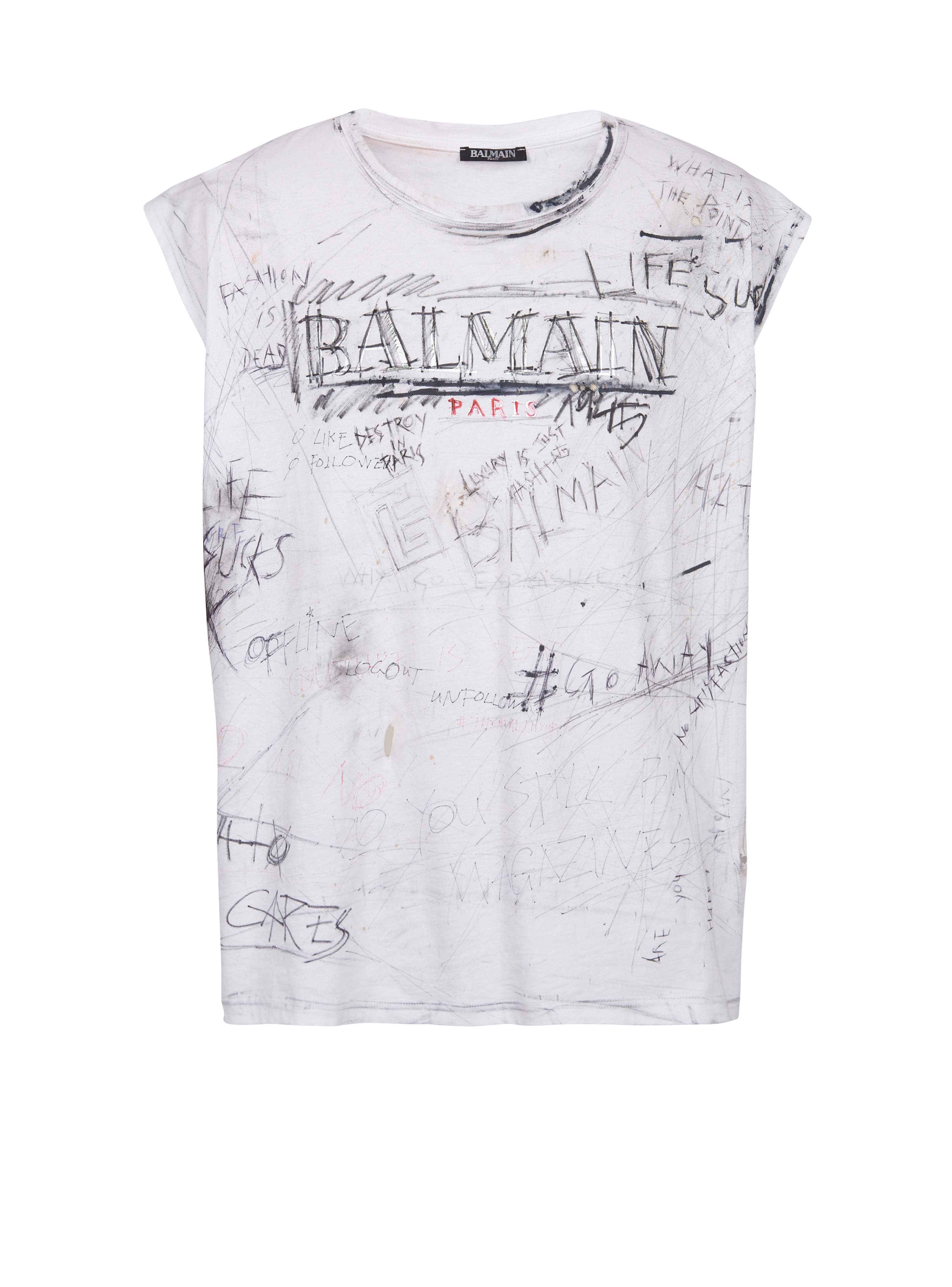 Unisex - Camiseta vintage con estampado tipo grafiti del logotipo de Balmain, blanco