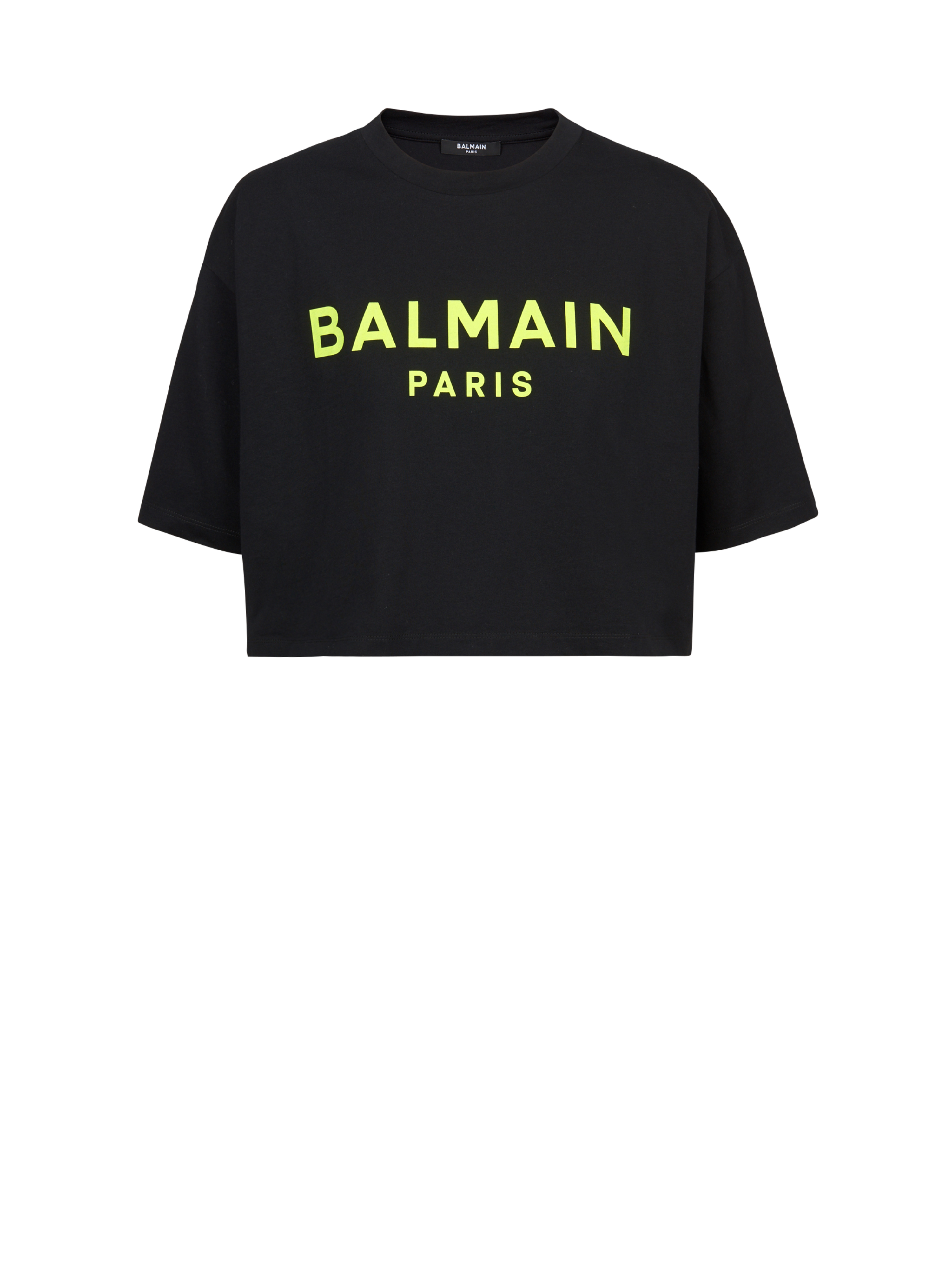 Camiseta cropped de algodón con logotipo de Balmain estampado, amarillo
