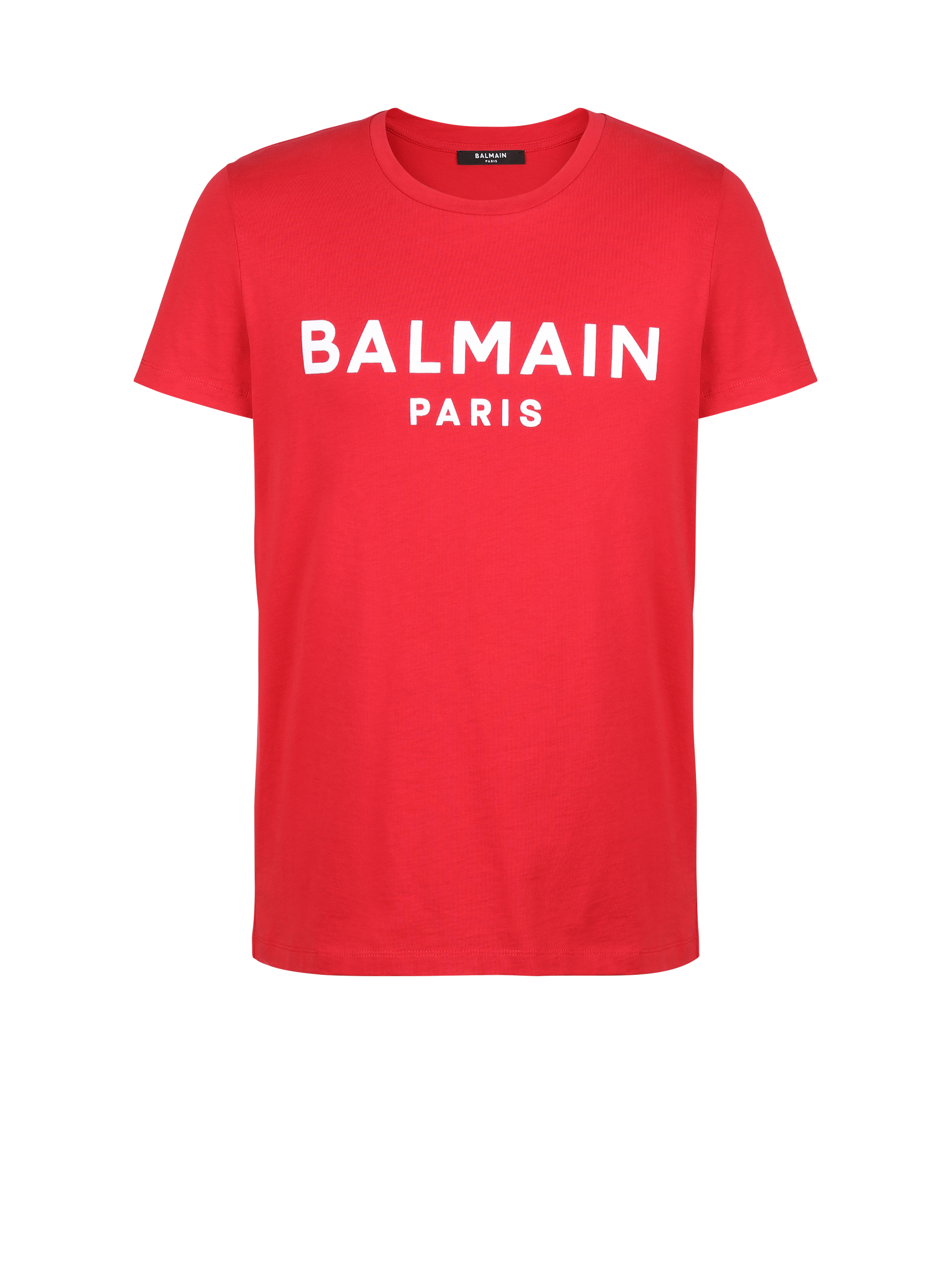 Camiseta de algodón con logotipo Balmain París flocado, rojo