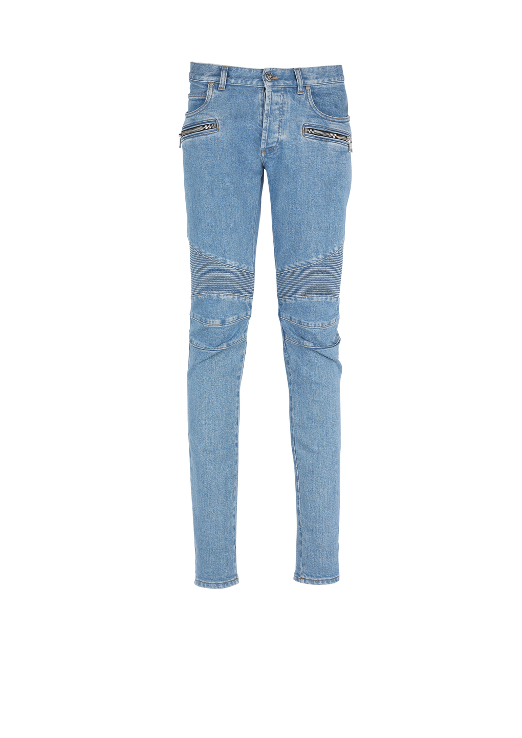 Slim cut ridged cotton jeans with Balmain monogram hem, blue, hi-res