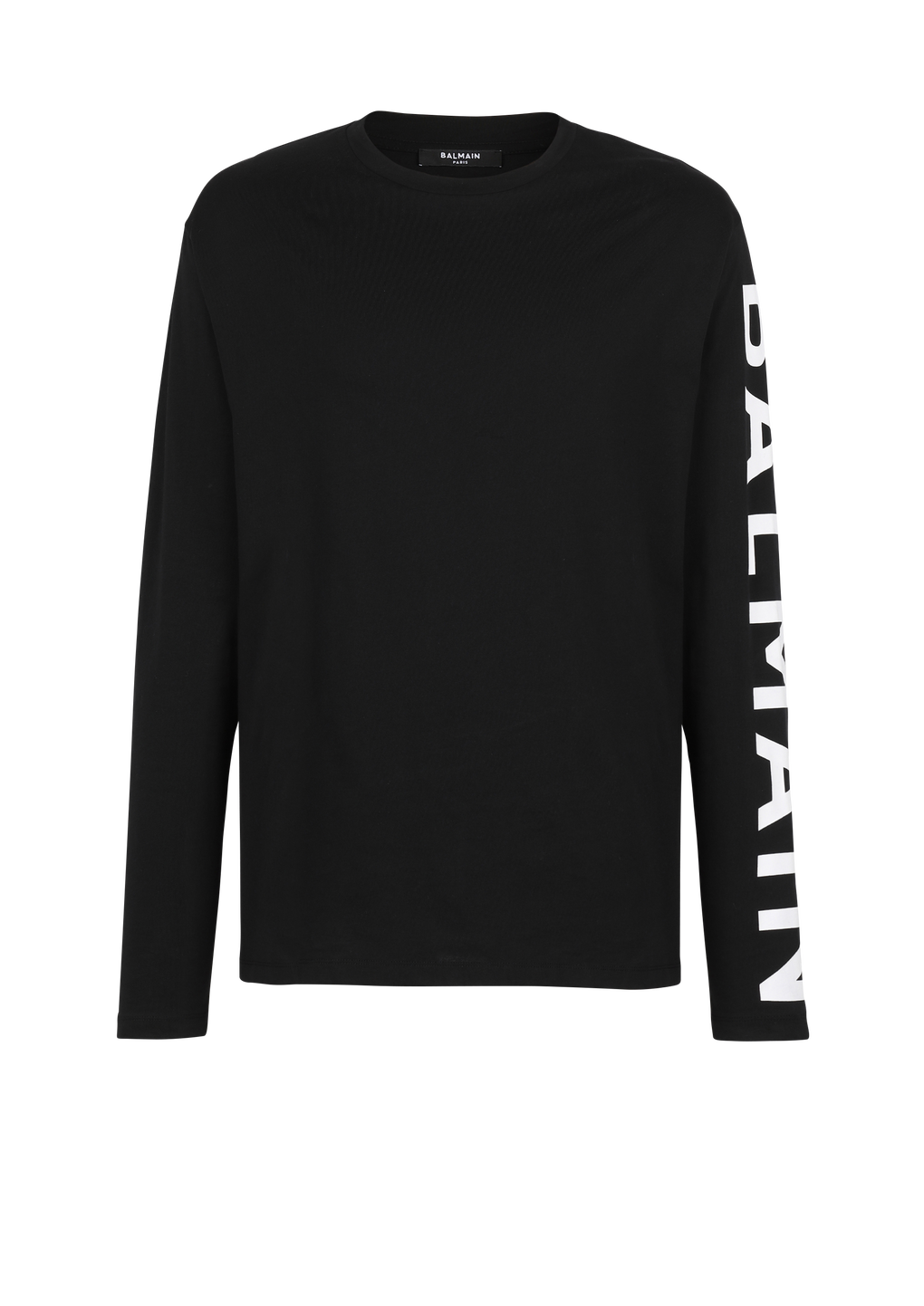 Camiseta de algodón de manga larga con la firma de Balmain en la manga, negro, hi-res