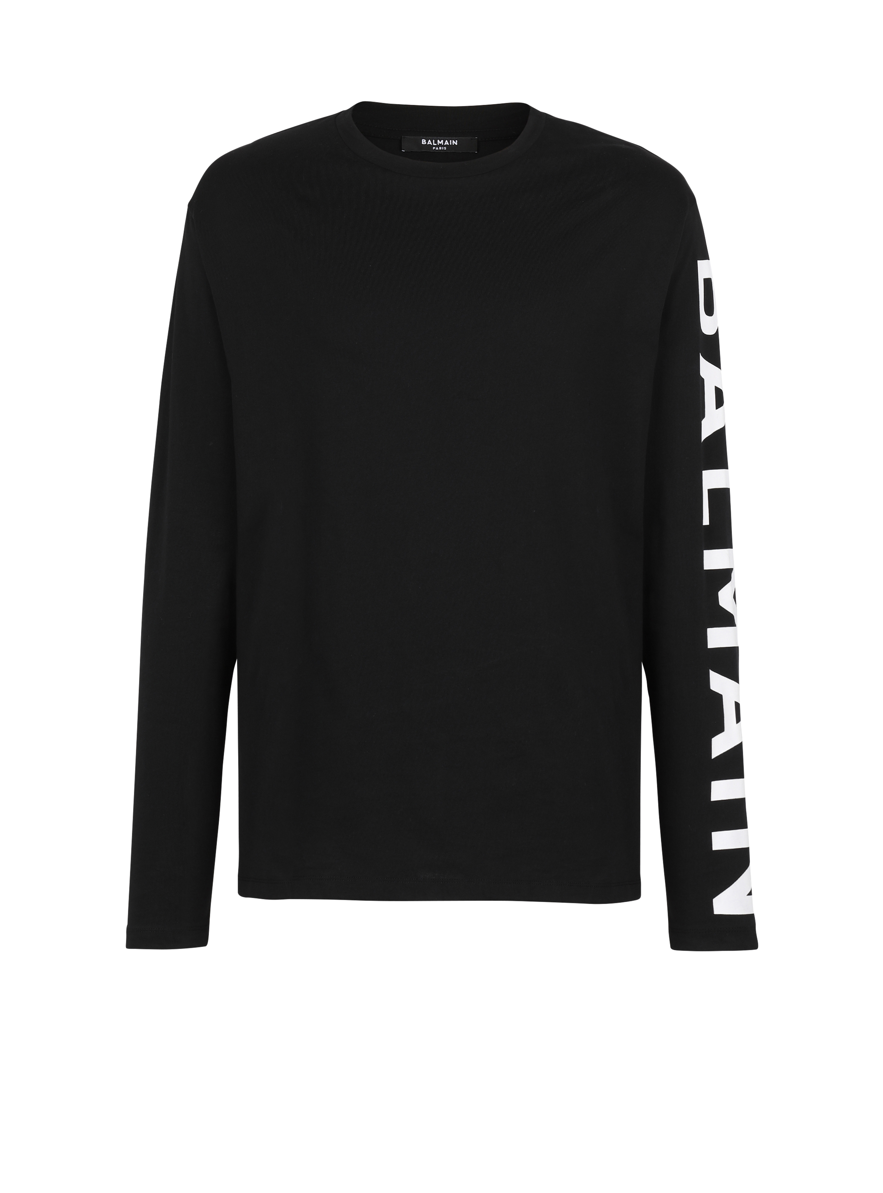Camiseta de algodón de manga larga con la firma de Balmain en la manga, negro