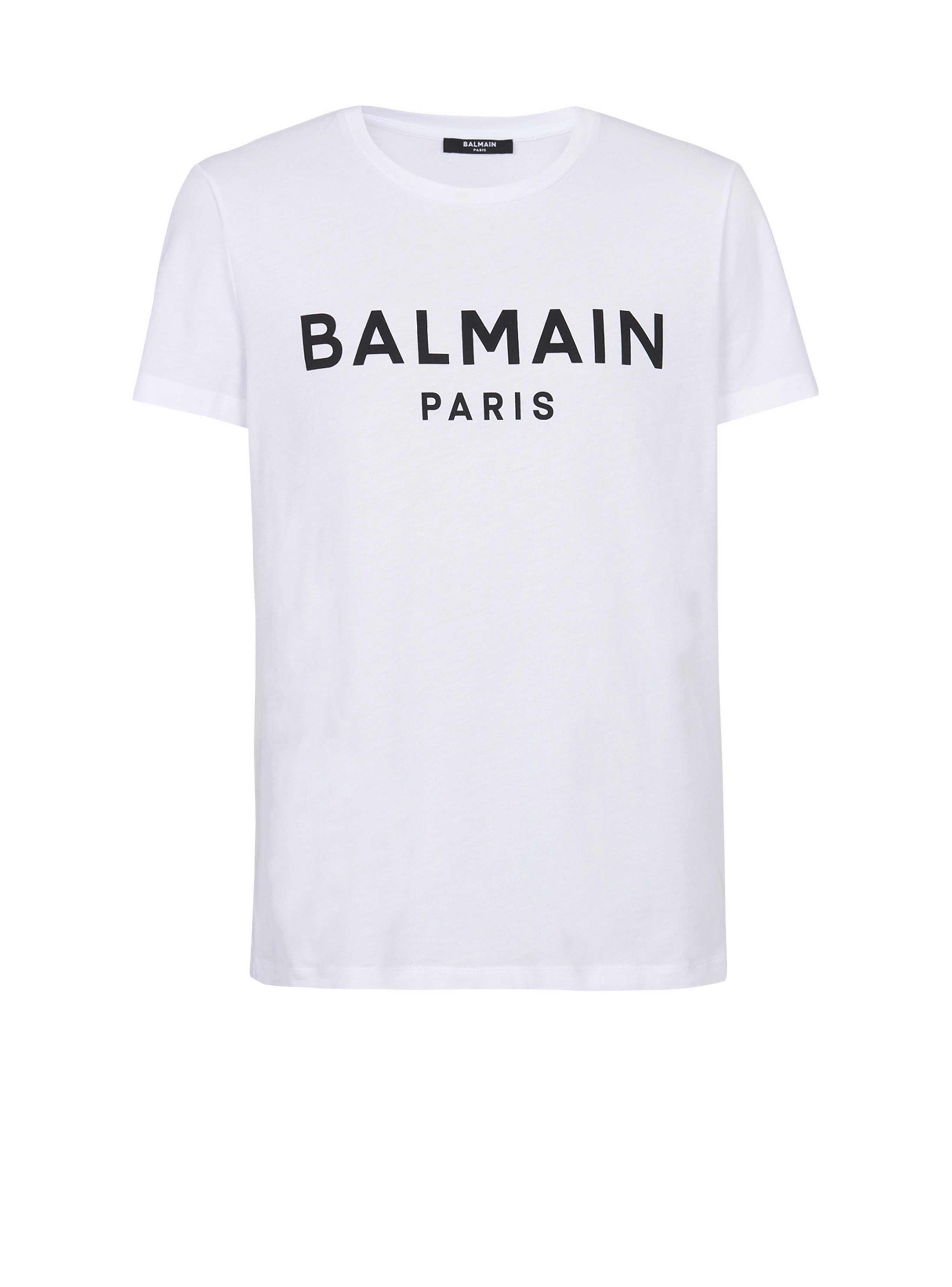 Camiseta de algodón con estampado del logotipo Balmain Paris, blanco