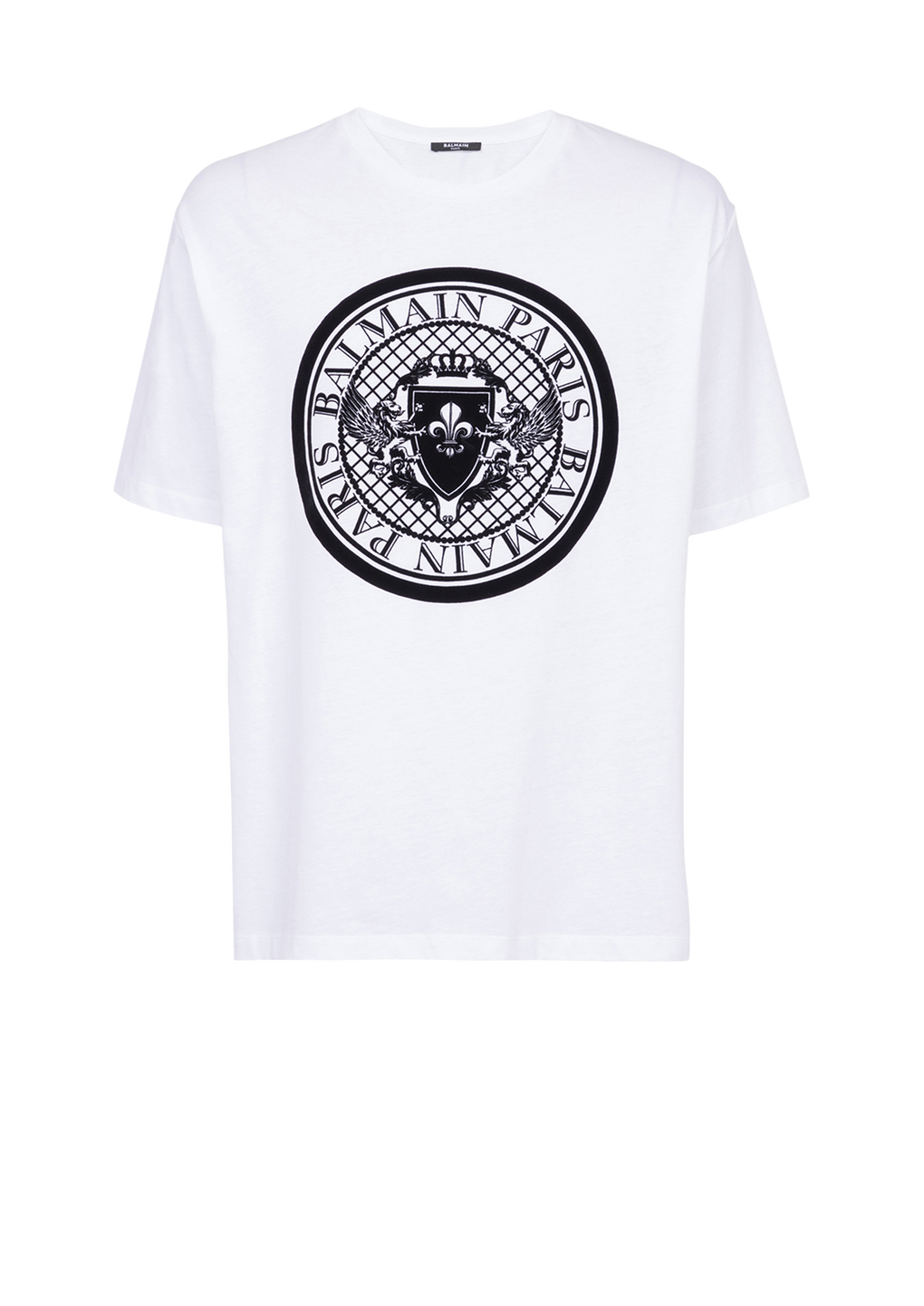 Camiseta de algodón con logotipo flocado de Balmain, blanco, hi-res